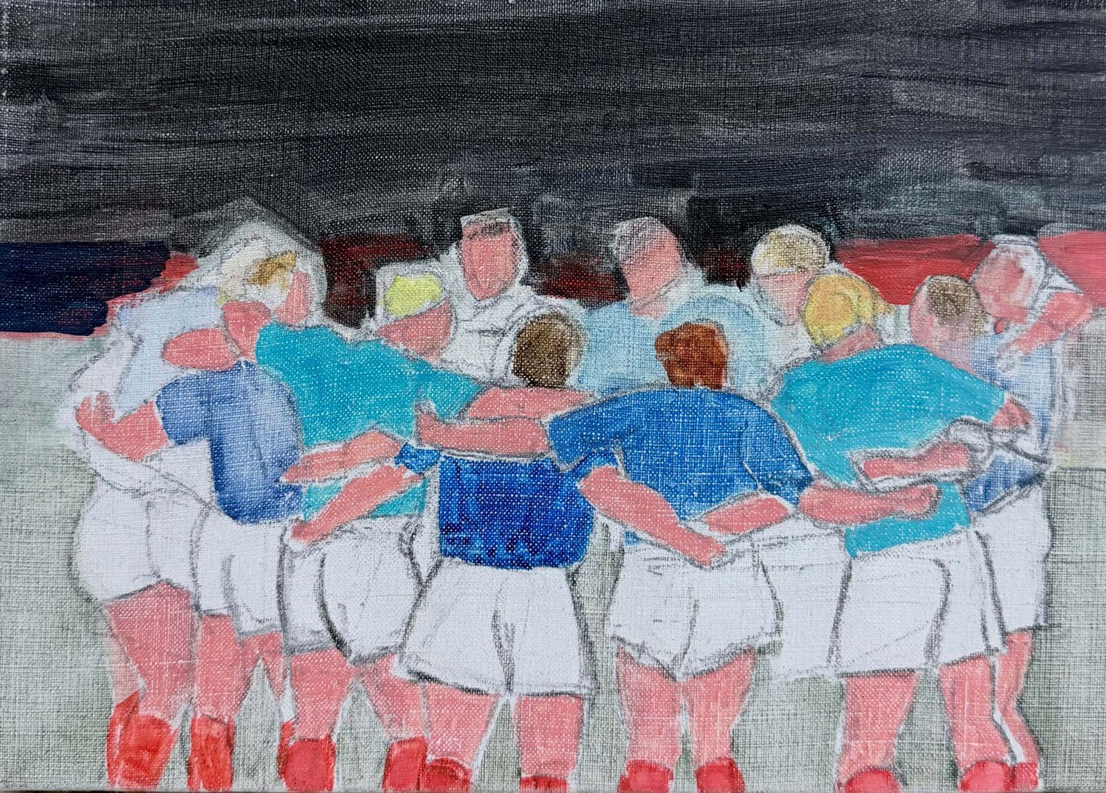 Rugby Players In A Team Huddle French 20th.C Modernist Painting Oil