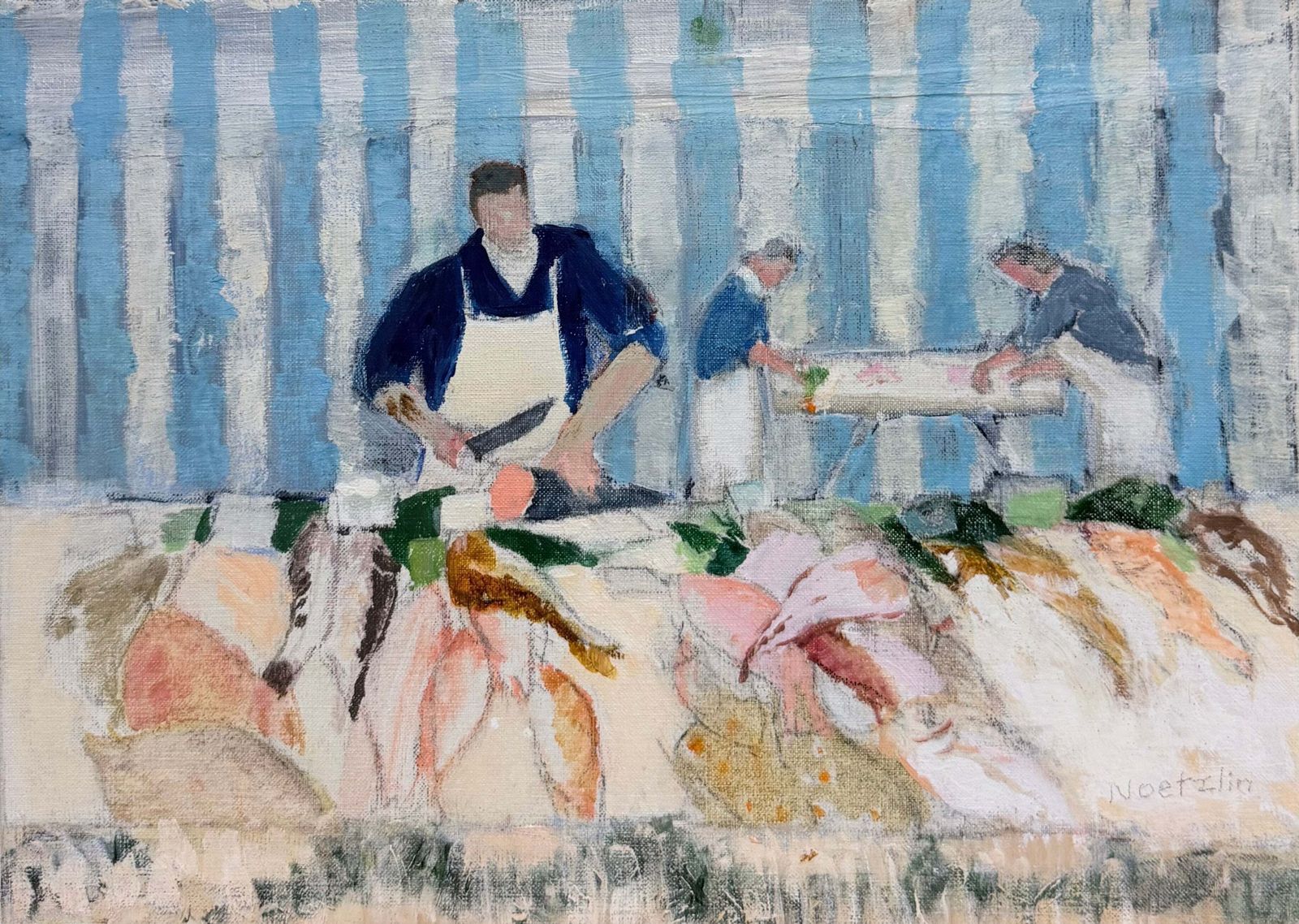 Scène de marché aux poissons, peinture moderniste du XXe siècle