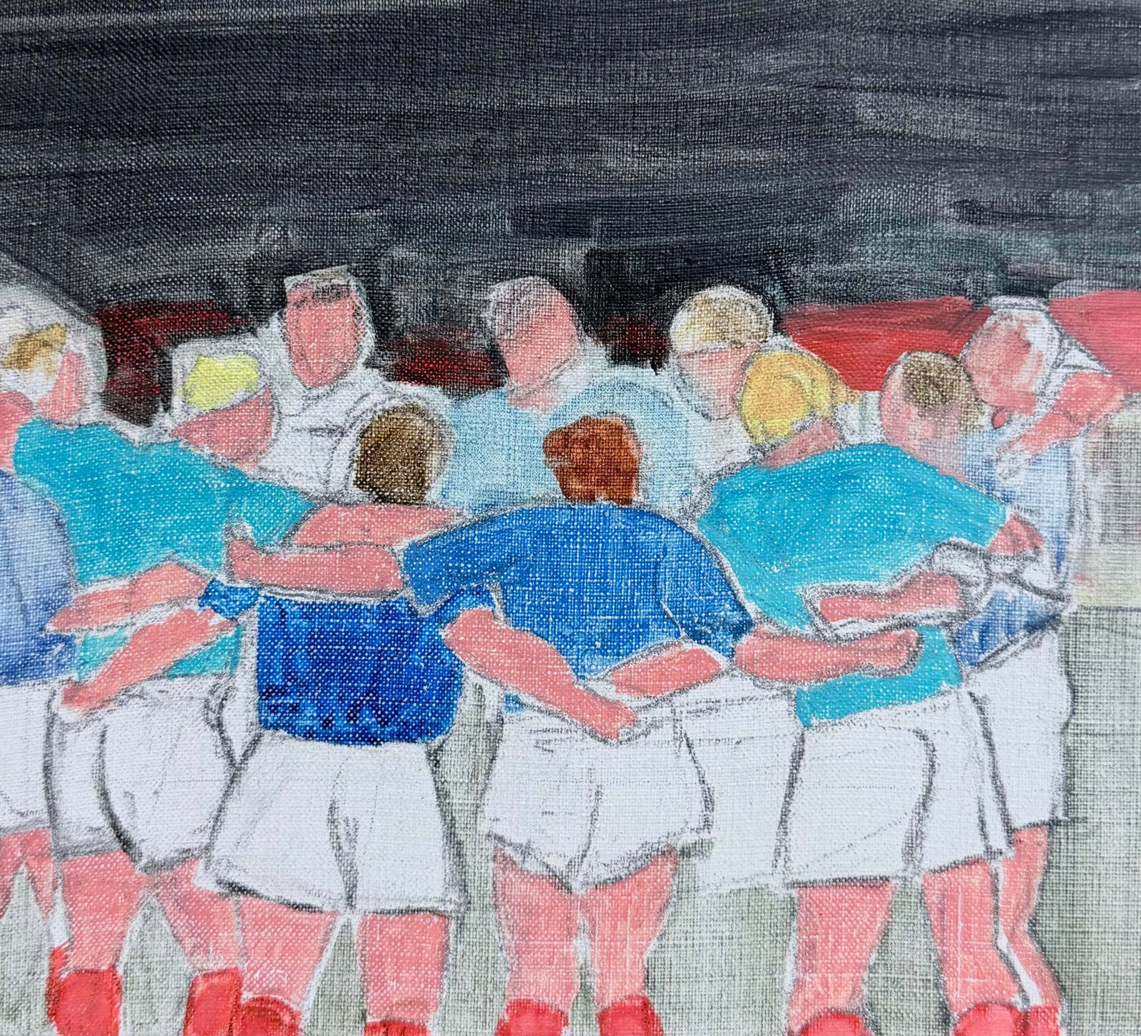 Rugby Players In A Team Huddle French 20th.C Modernist Painting Oil photo Art