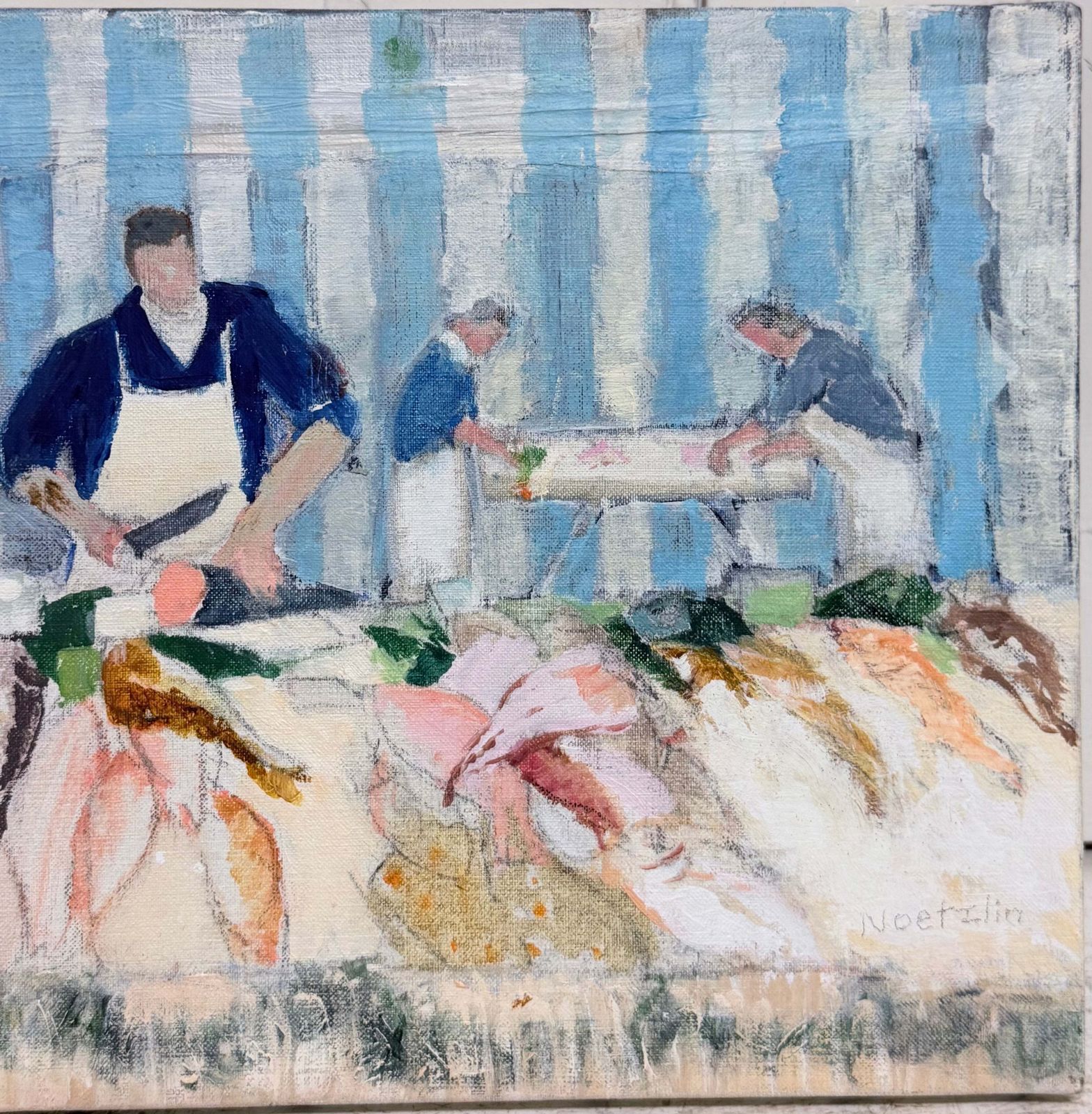 Scène de marché aux poissons, peinture moderniste du XXe siècle photo Art