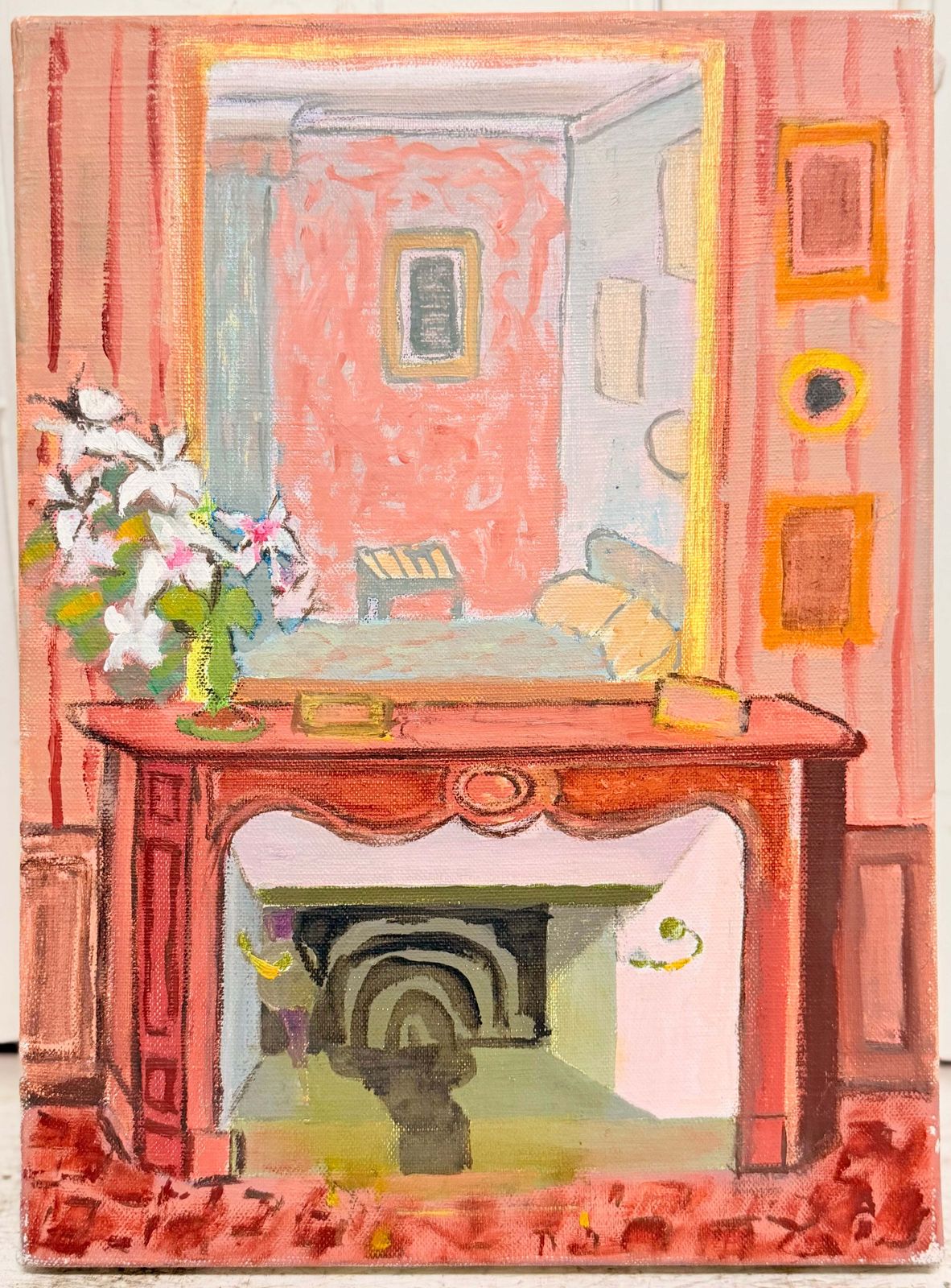 Intérieur français coloré avec cheminée et fleurs, peinture à l'huile moderniste photo furniture