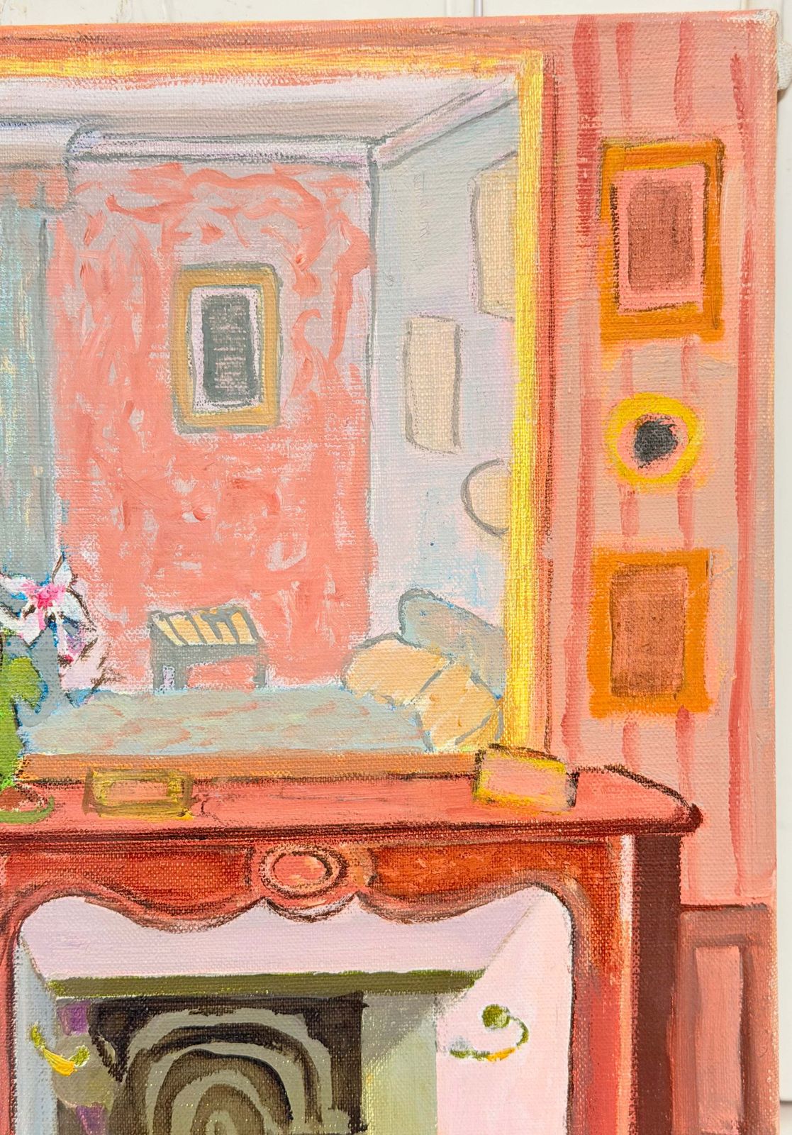Intérieur français coloré avec cheminée et fleurs, peinture à l'huile moderniste photo Art