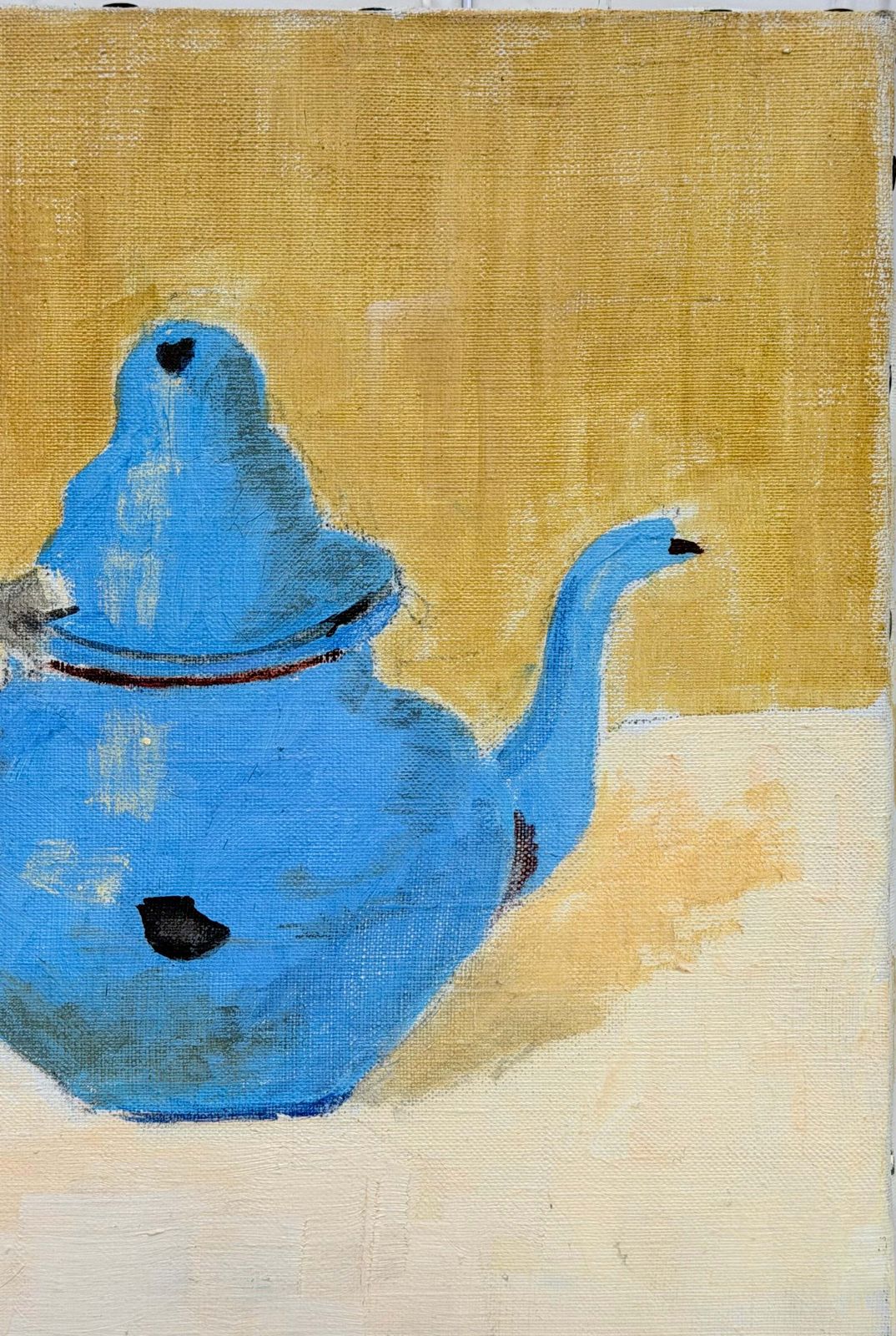 Blue Teapot In Yellow Still Life Interior French 20th.C Modernist Oil Painting photo for sale