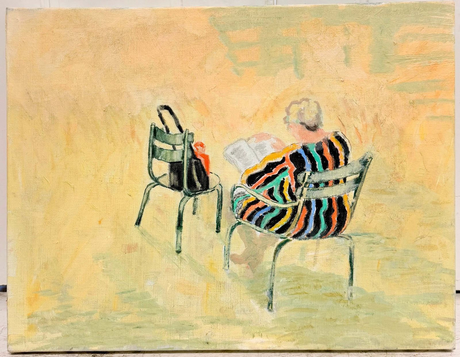Woman Reading In A Parisian Park Striped Dress French Modernist 20th.C Painting photo furniture