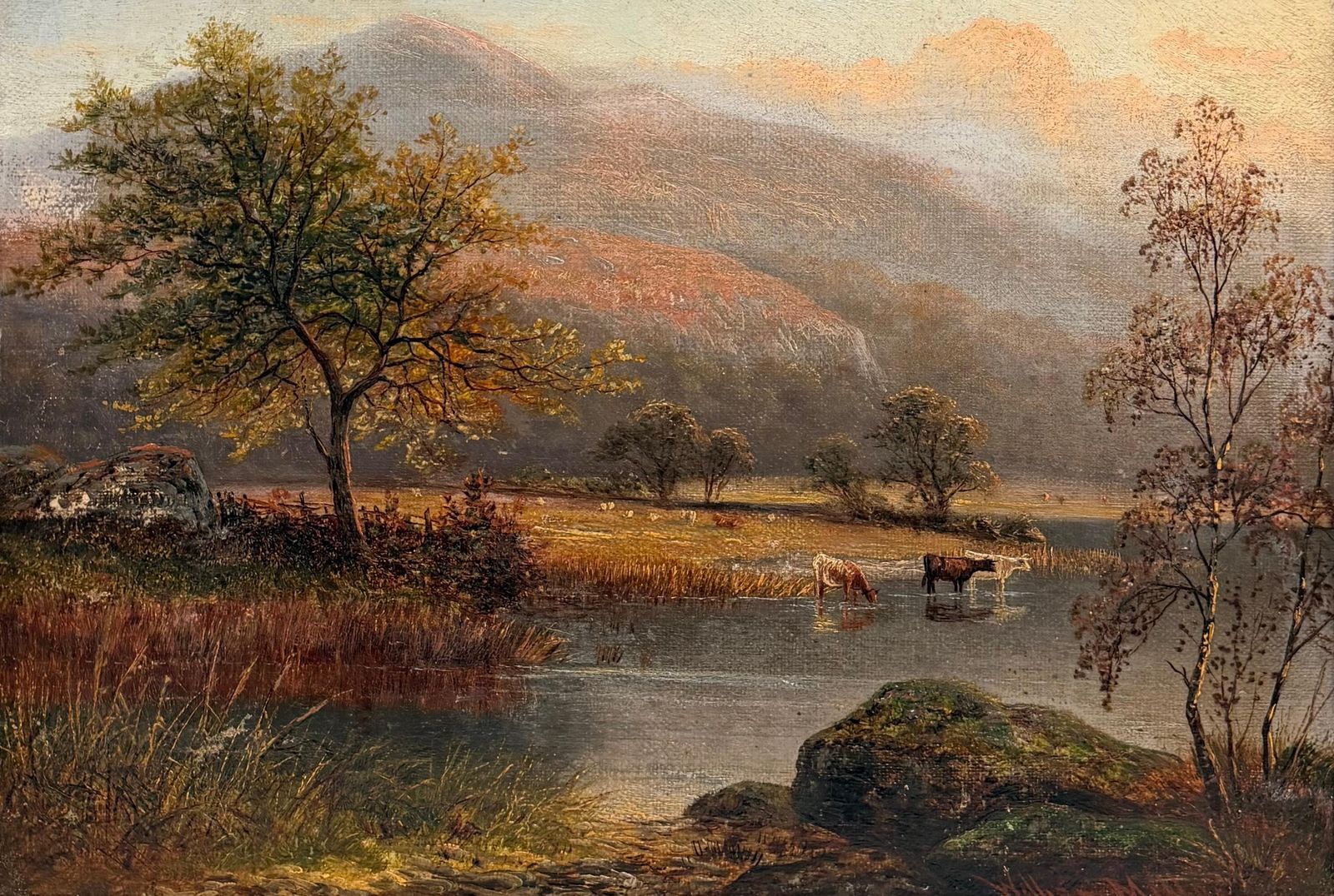 Cattle Watering In Highland Autumn Landscape Antique Victorian British Oil photo furniture