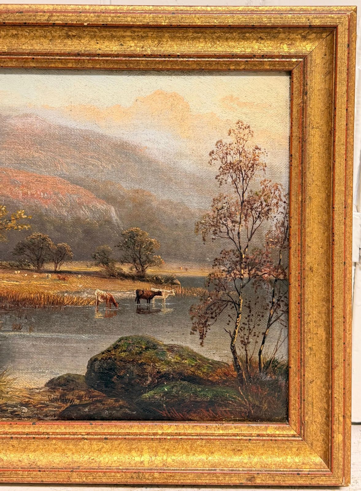 Cattle Watering In Highland Autumn Landscape Antique Victorian British Oil photo vintage