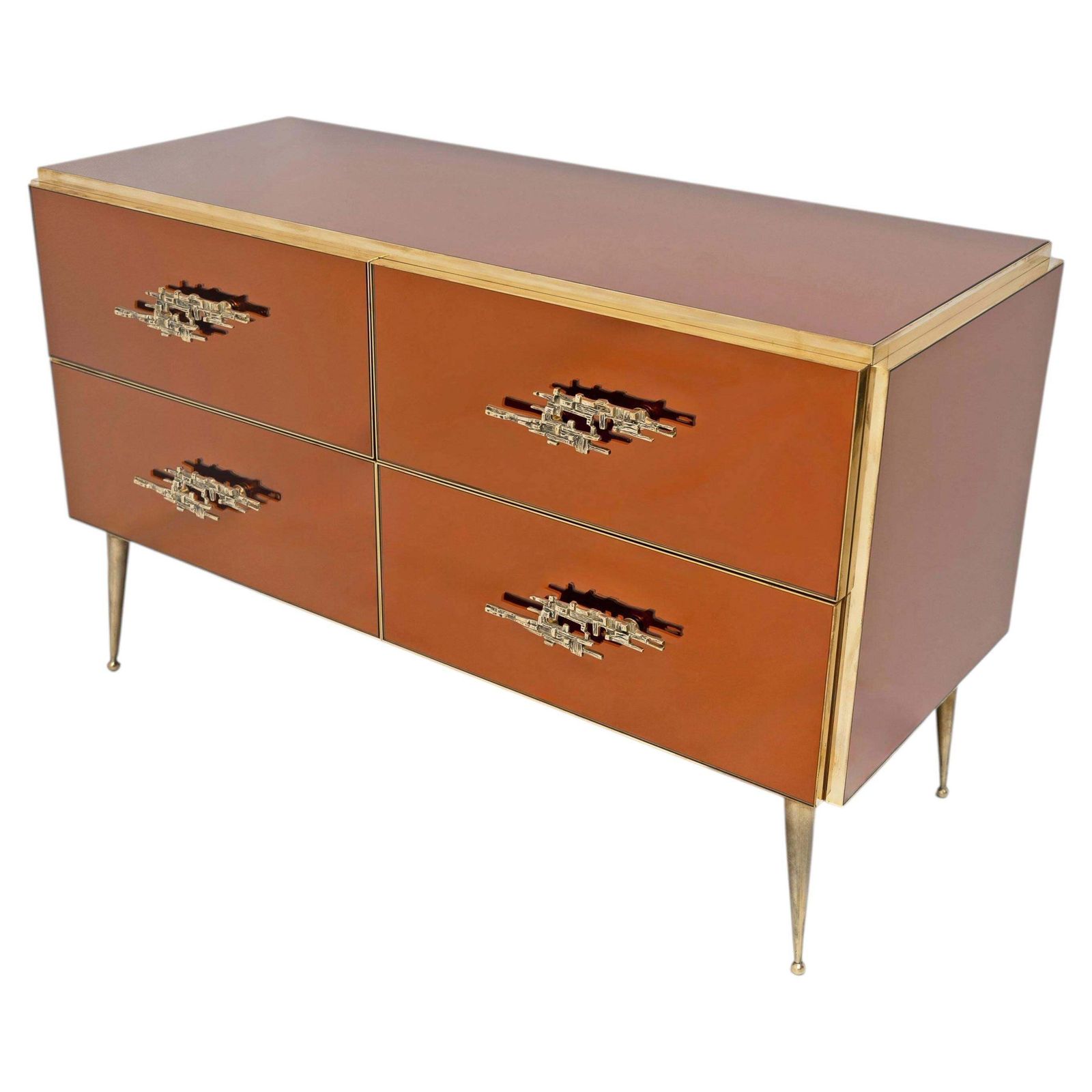 Amber Mirrored Chest Of Drawers With Brass Accents, Mid Century Modern Style