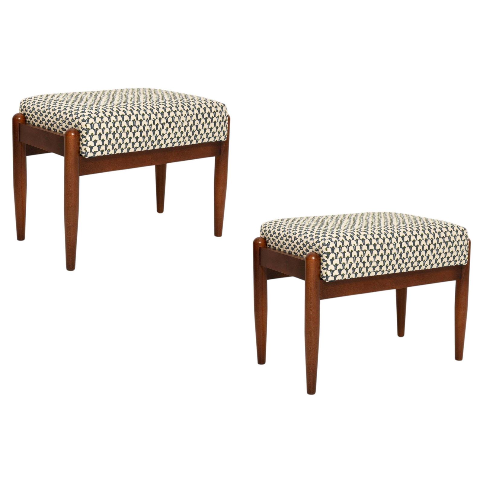 Pair Mid Century Gfm Stools In White And Blue Jacquard, E. Homa, Europe, 1960s