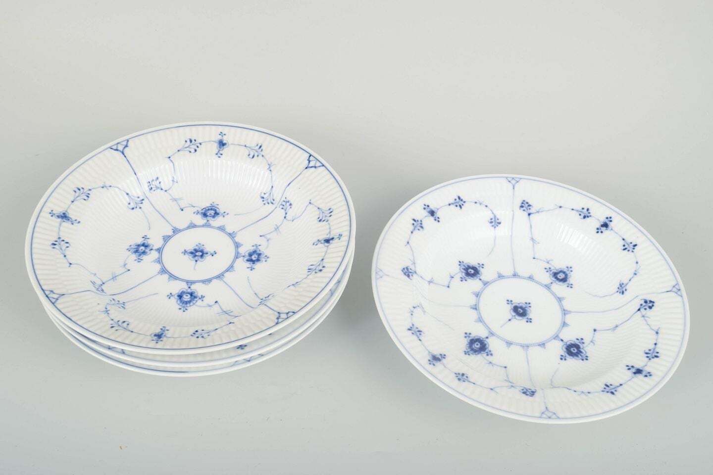 Royal Copenhagen, Blue Fluted Plain. Four Deep Plates In Porcelain. Dated 1957 photo furniture