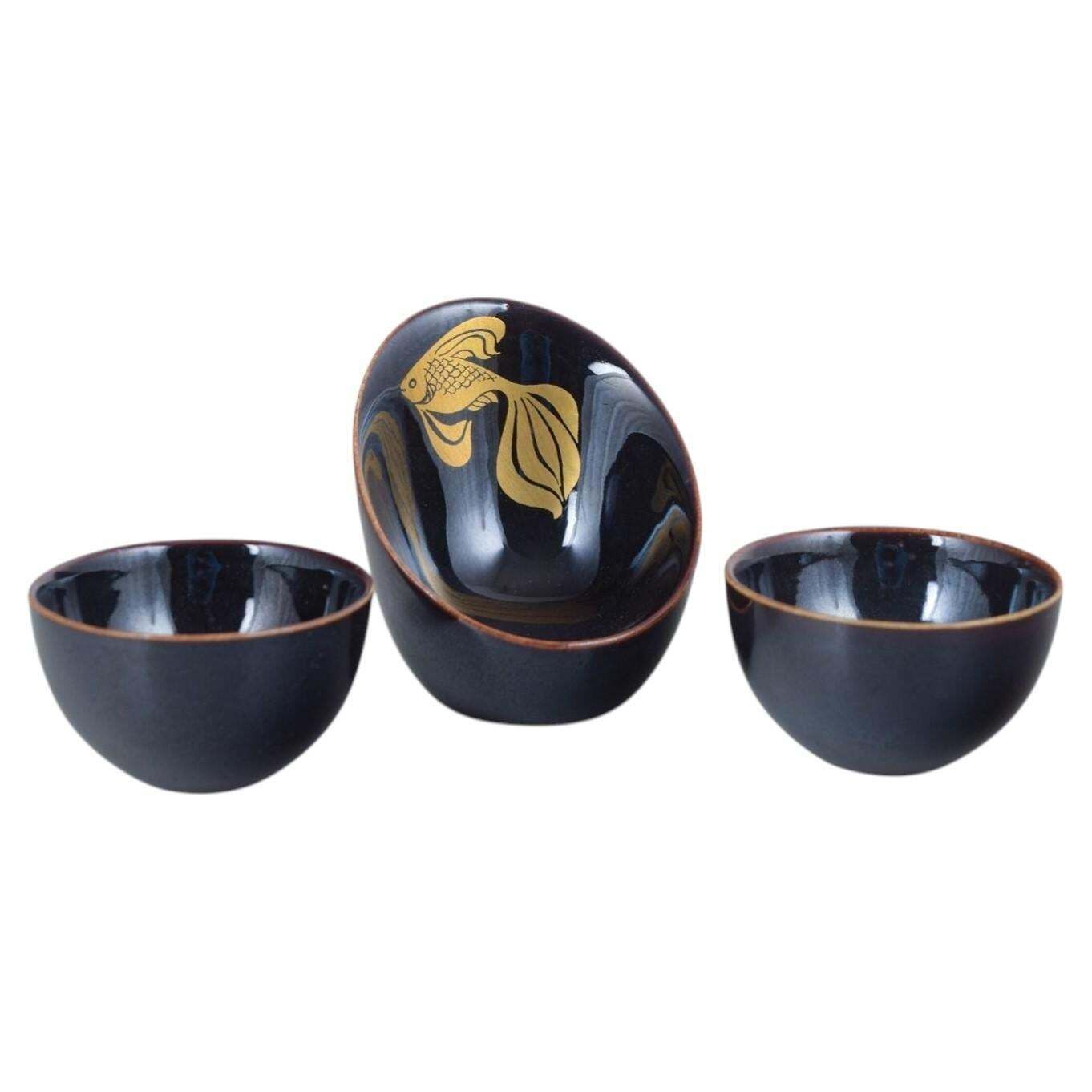 Gustavsberg. Three Miniature Bowls In Deep Blue Glaze. Mid 20th Century.