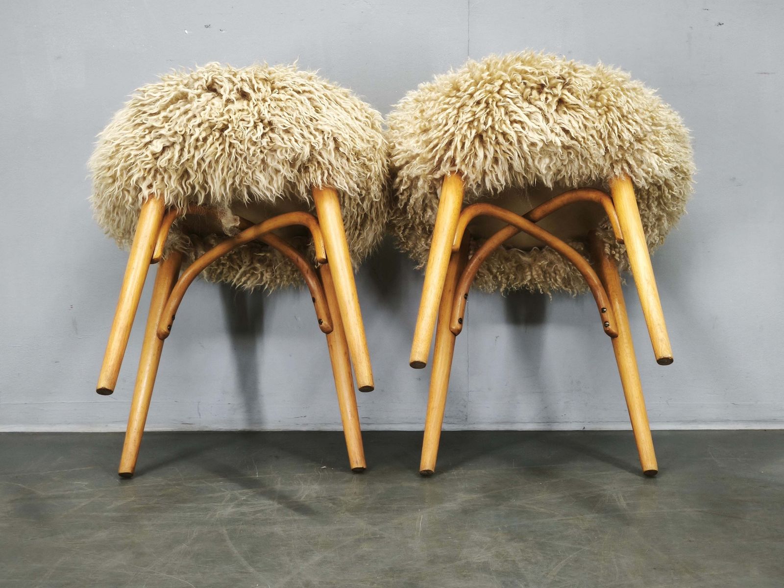 Pair Of Mid Century Sheepskin And Beechwood Stools, 1950s photo furniture