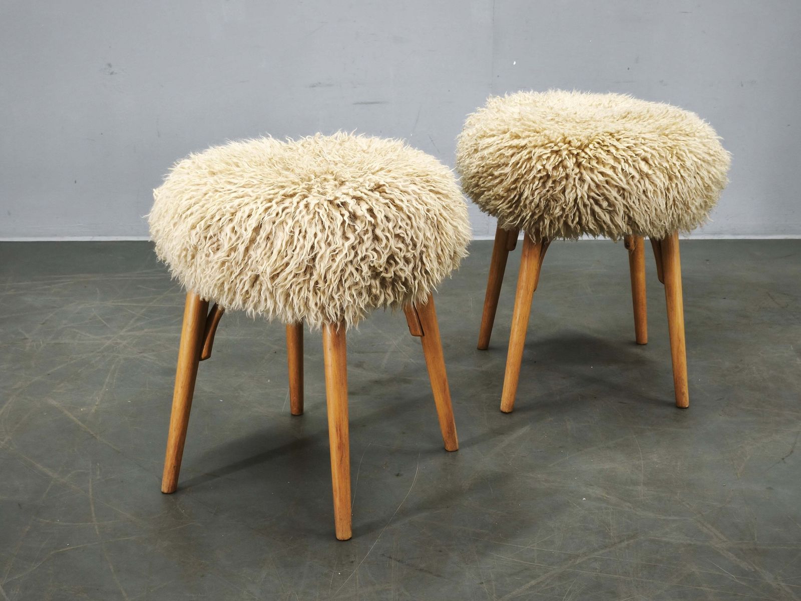 Pair Of Mid Century Sheepskin And Beechwood Stools, 1950s photo for sale