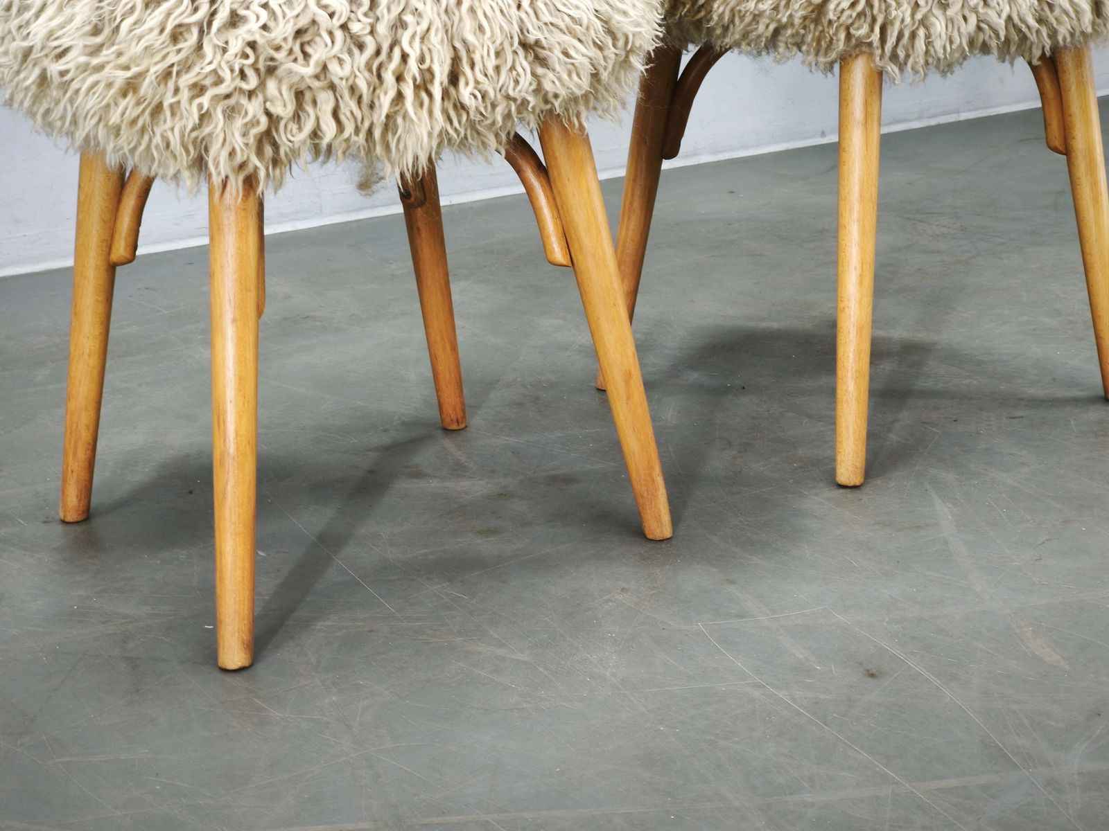 Pair Of Mid Century Sheepskin And Beechwood Stools, 1950s photo Furniture
