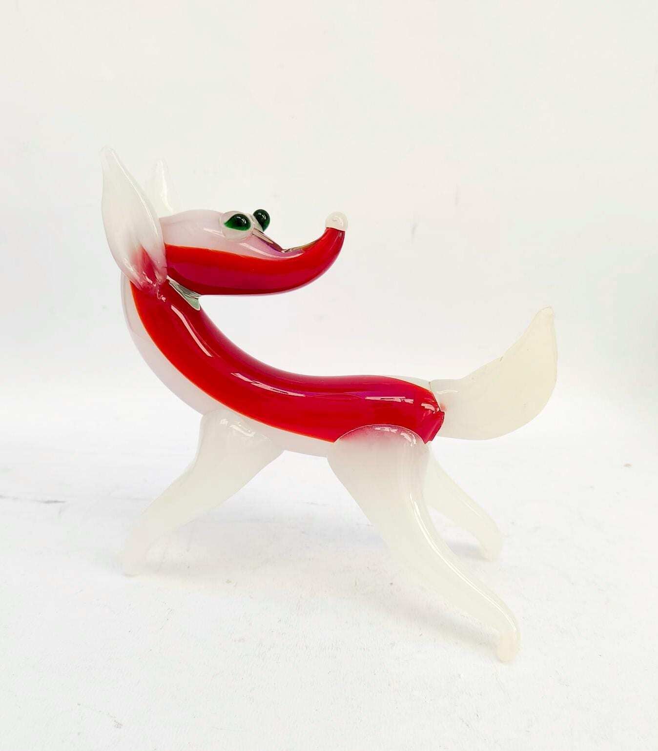 Murano glazen vossenfiguur, melkwit en rood, vintage Italiaans design