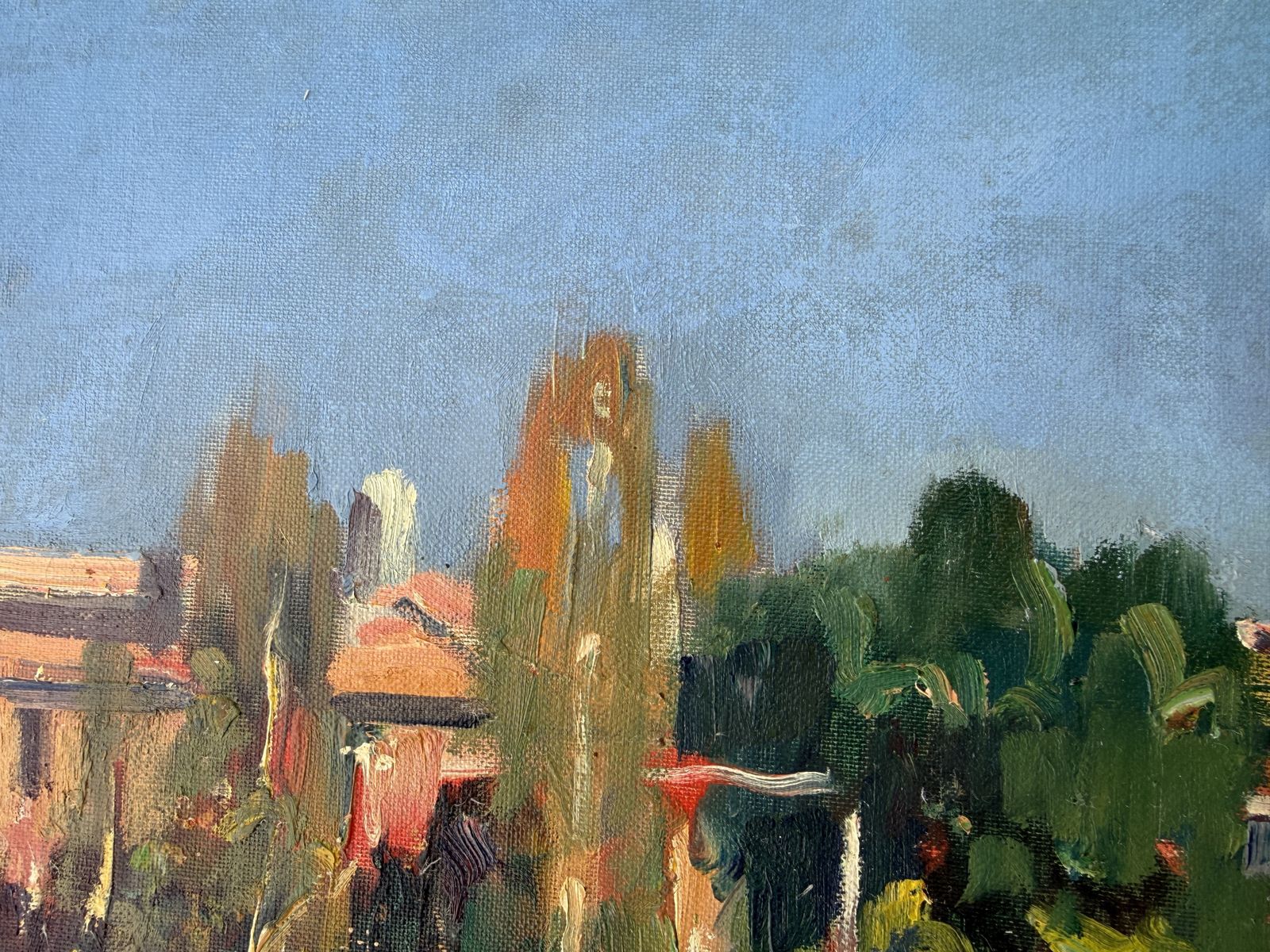 Rafael Duran Benet, Houses in Torcello, Venice, paysage italien post-impressionniste coloré, huile sur toile, 1985 photo 500.0