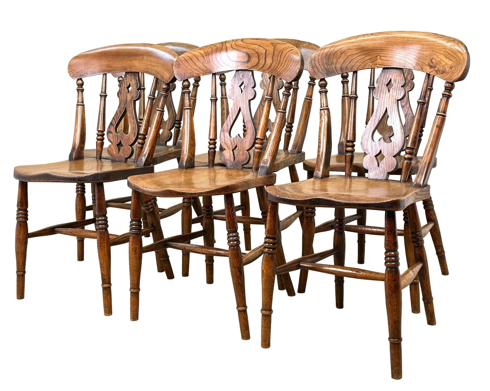 Set van 6 Windsor eetkamerstoelen, boerderij/keuken, midden 19e eeuw (Engeland, ca. 1860)