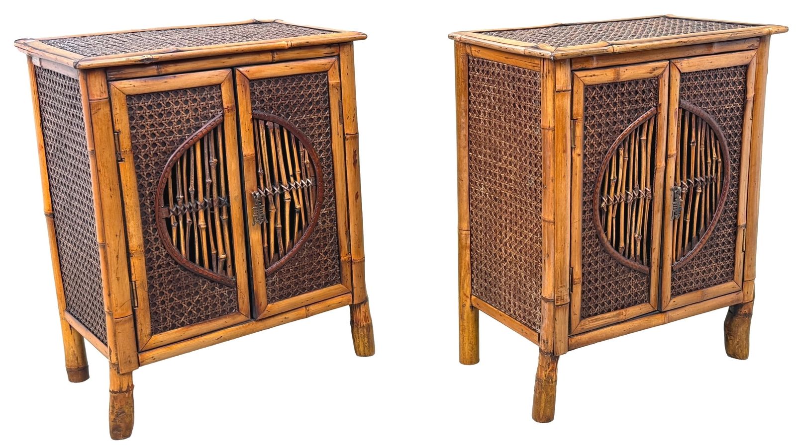Rare Pair Of Late 19th Century Miniature Table Top Bamboo Cupboards, Aesthetic Design (Circa 1880) photo vintage