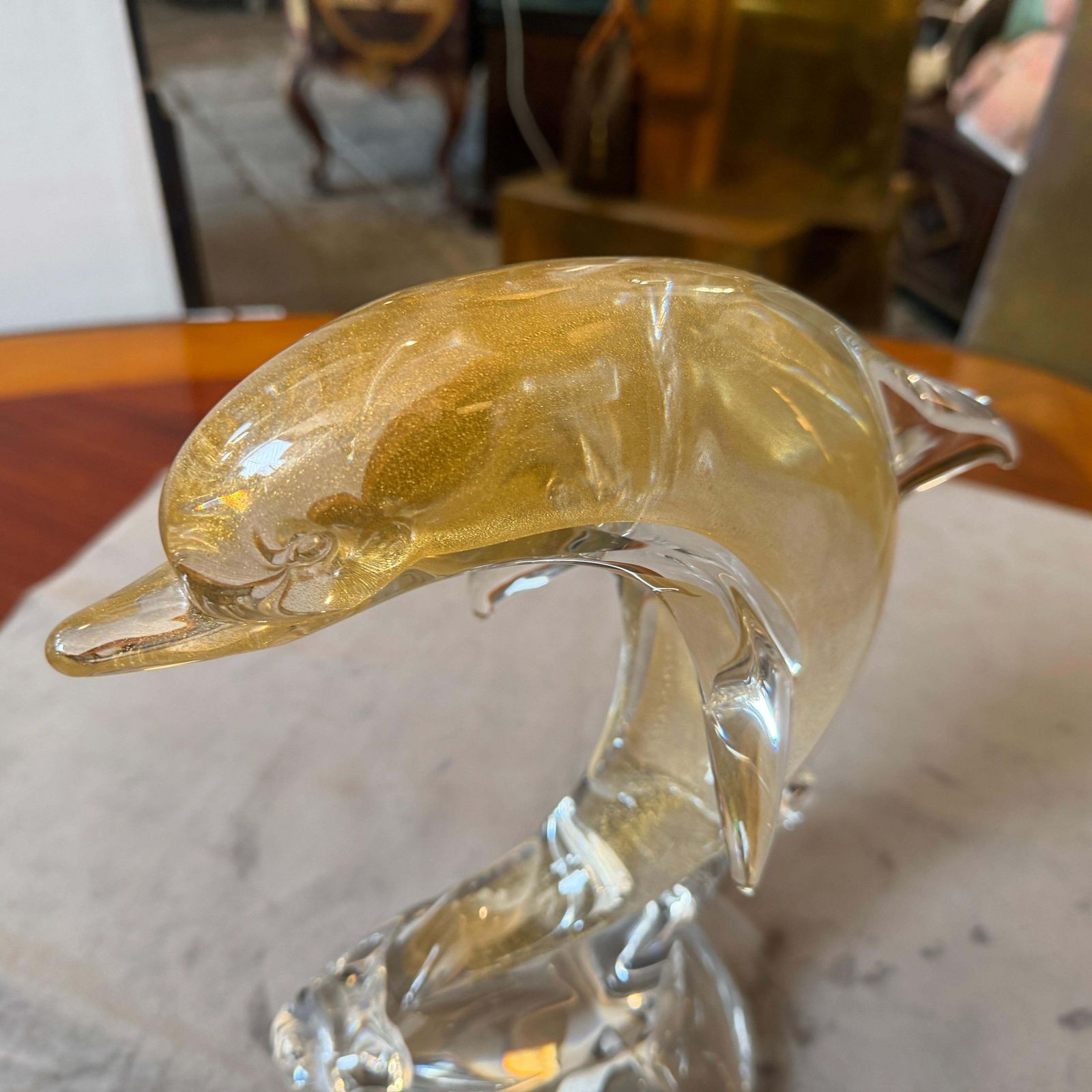 photo for sale 1990s Barovier Style Modern White And Gold Murano Glass Dolphin