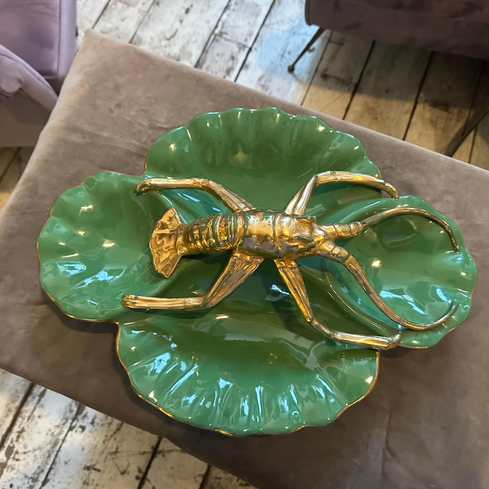 photo for sale 1950s Green And Gold Ceramic Centerpiece By Maioliche Artistiche Sestesi