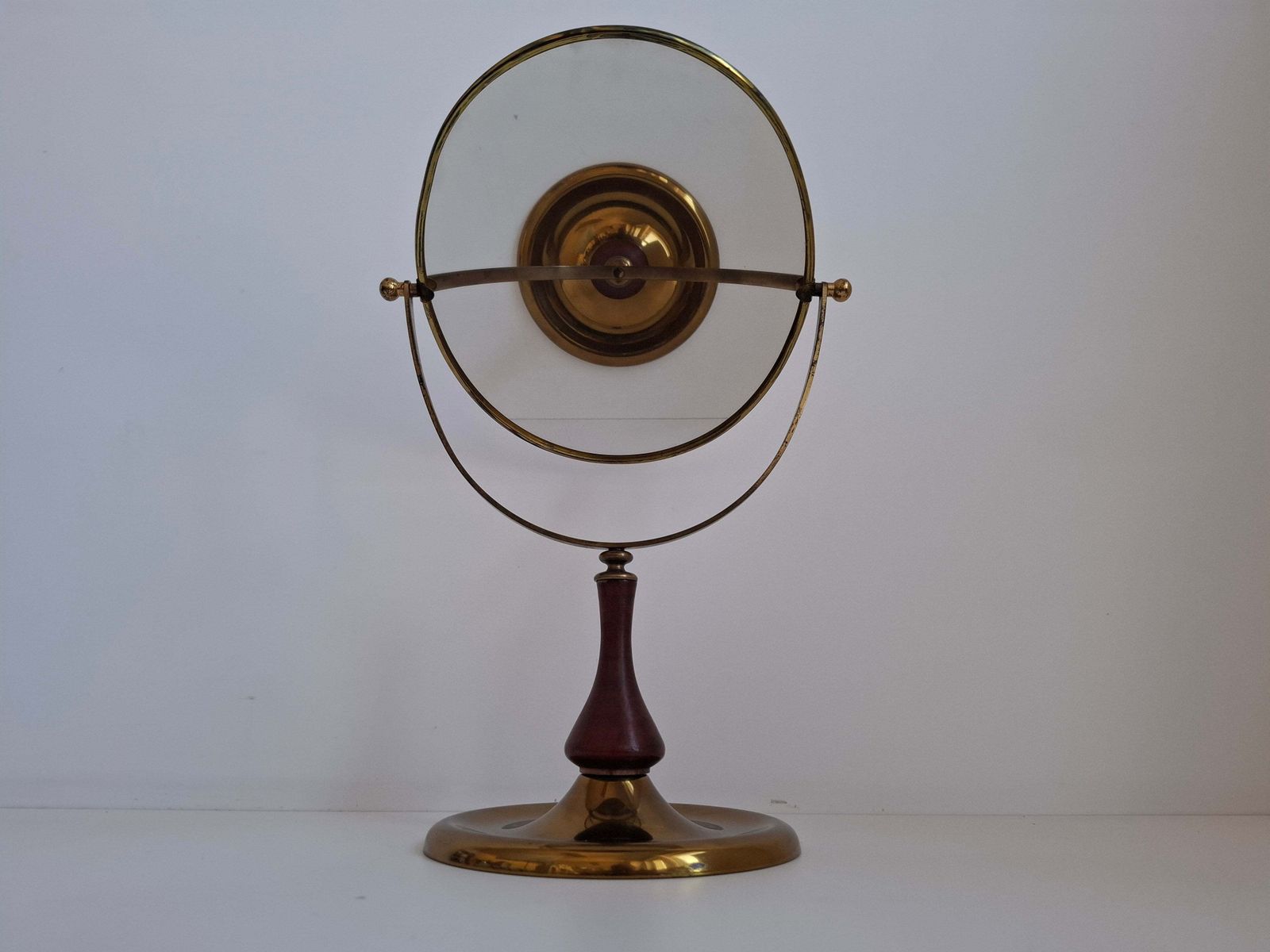 1960s Czechoslovakian Mid Century Brass And Wood Swivel Table Mirror photo vinterior