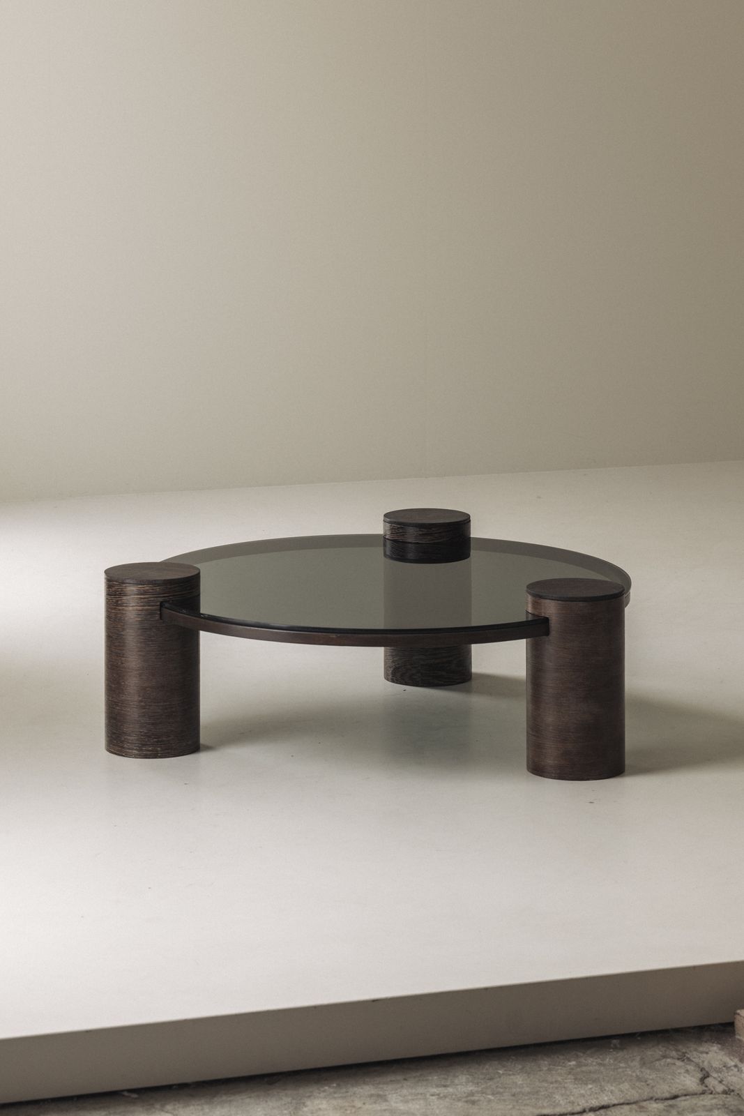 Sculptural Brutalist Wengé And Smoked Glass Round Coffee Table, 1970s photo for sale