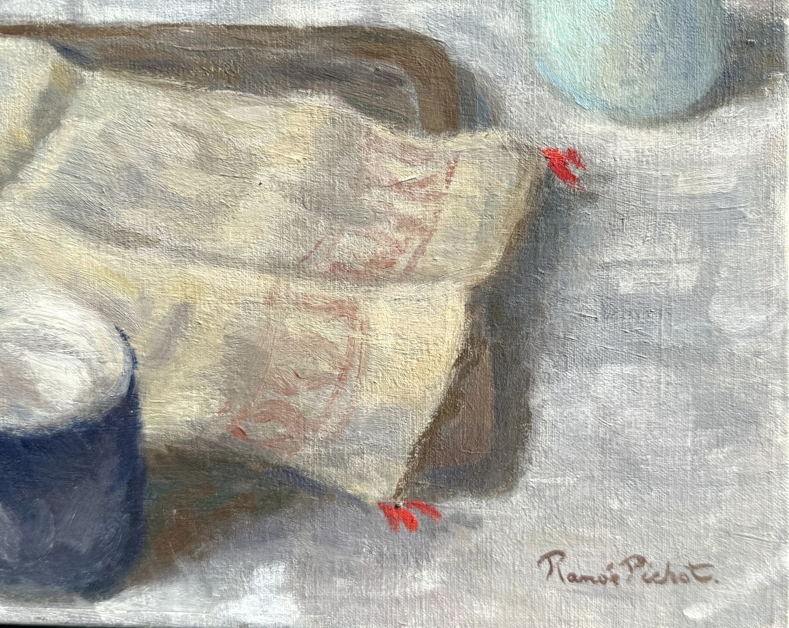 Ramon Pichot I Soler Original Spanish Post Impressionist Woman Reading At Breakfast Oil Painting XX 1970s photo furniture