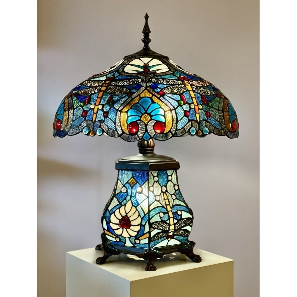 Tiffany Style Table Lamp – “The Queen” Blue Dragonfly – Stained Glass Art Nouveau Lamp photo for sale