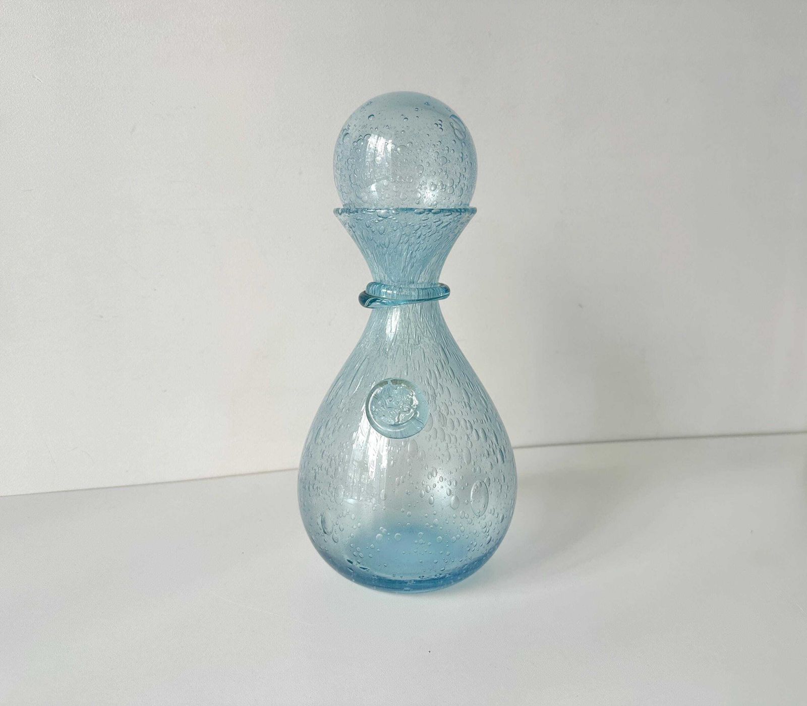 Vintage French Biot Blue Bubble Glass Decanter, 60s Bottle, French Vintage Wine Carafe, Hand Blown Glass photo for sale