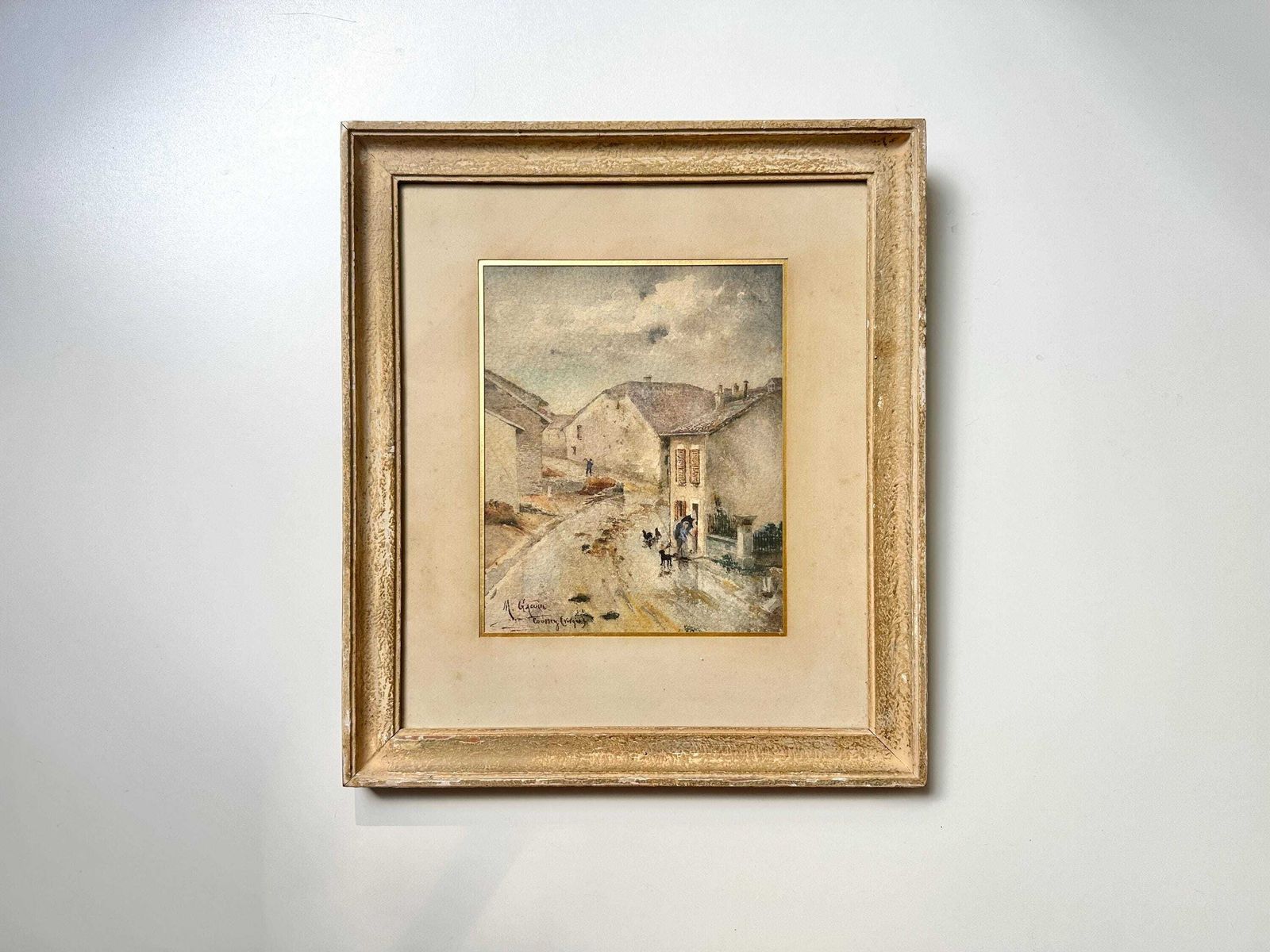 Original Antique Watercolor Of A French Village, 1910's Signed Village Alleyway Scene Painting
