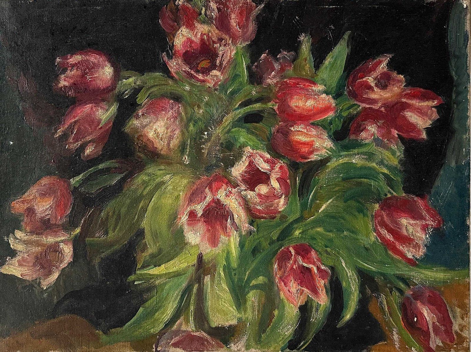Bouquet de tulipes, huile sur toile, années 1940, nature morte florale vintage, œuvre française photo Art