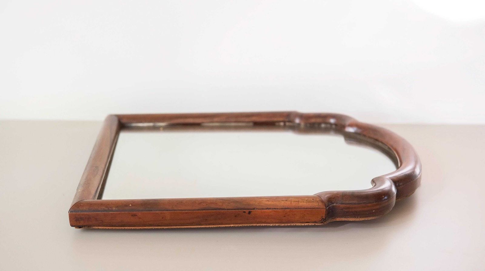photo for sale Antique Dutch Arched Wall Mirror   Scalloped Mahogany Wooden Frame   Small Art Nouveau Mirror   Early 1900s