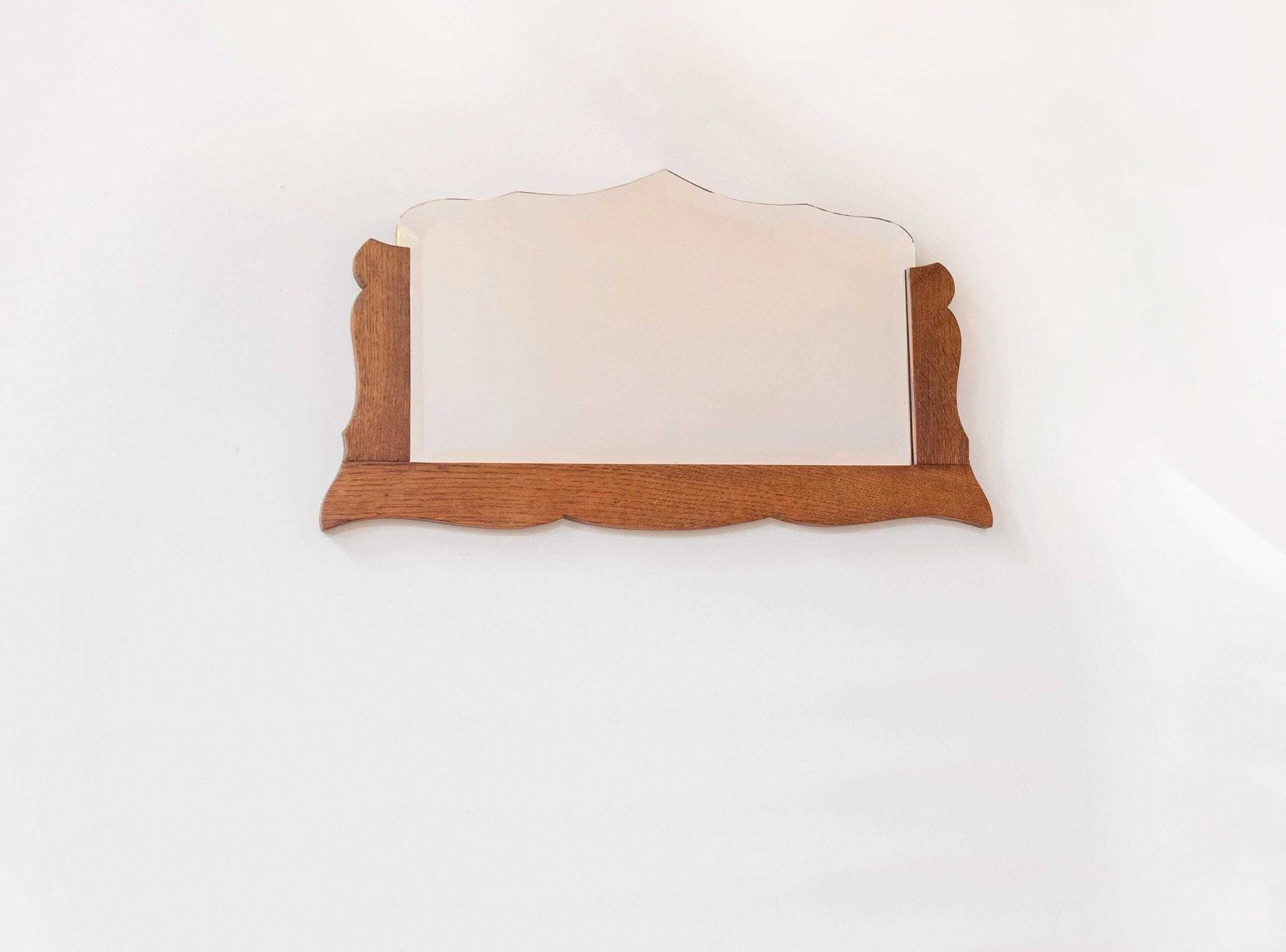 Antique Art Deco Frameless Wall Mirror   Dutch Beveled Glass Mirror   Scalloped Oak Frame photo for sale