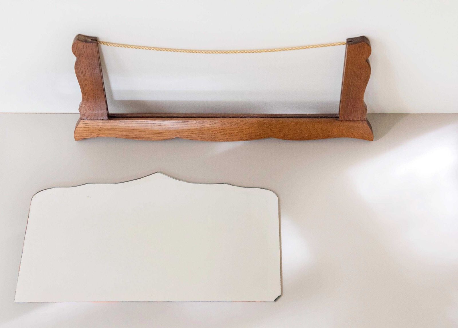 photo for sale Antique Art Deco Frameless Wall Mirror   Dutch Beveled Glass Mirror   Scalloped Oak Frame