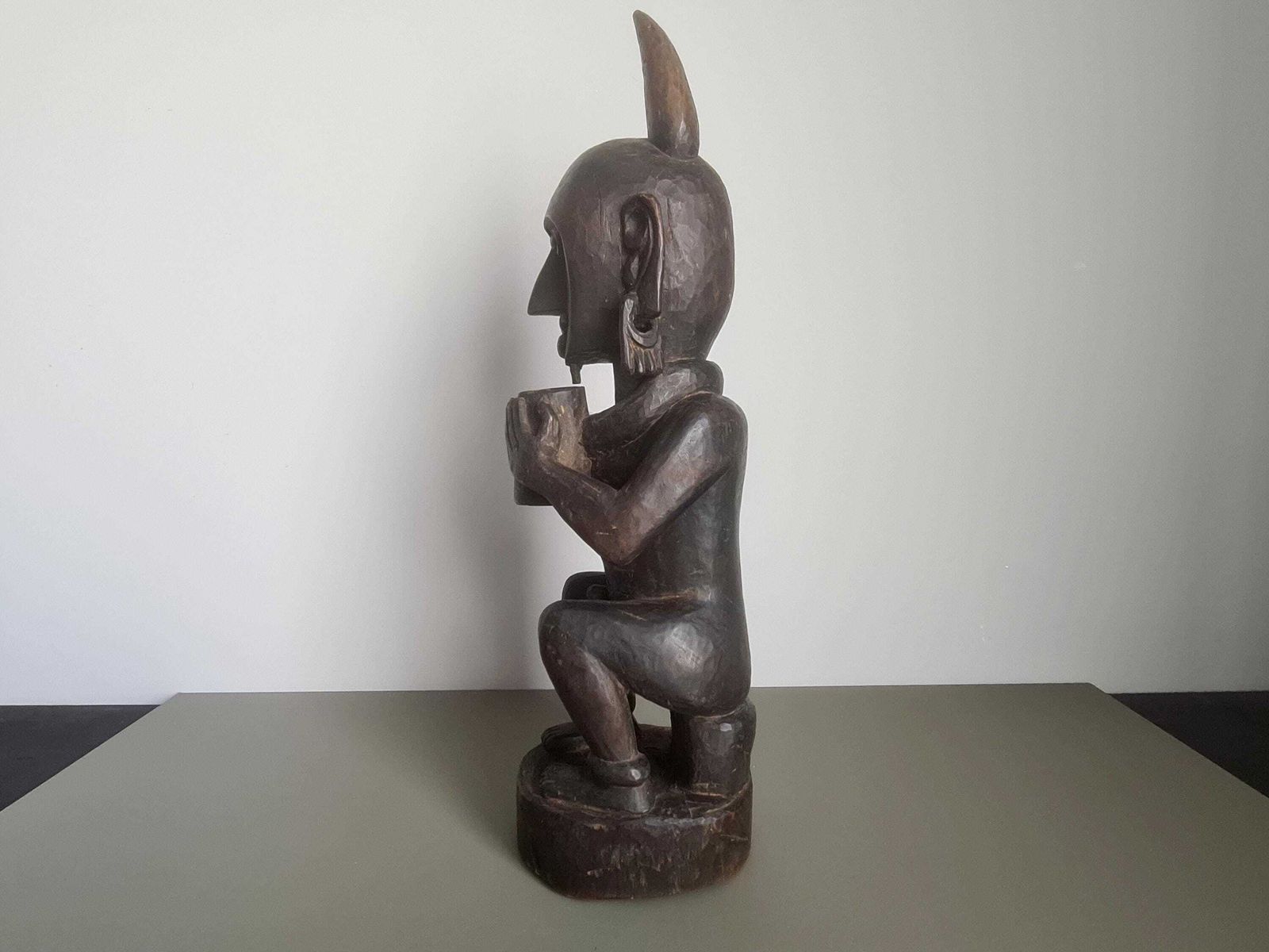 Vintage African Wooden Horned Figure Sculpture Tribal Art Hand Carved Wood Statue photo furniture