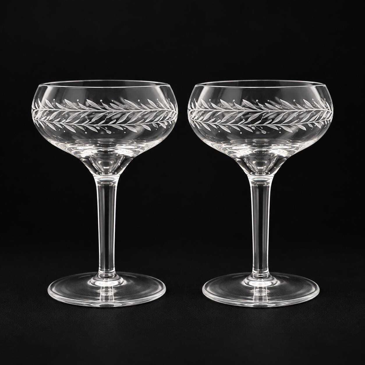 Vintage Franse geslepen kristallen champagnecoupes, set van 2, jaren 1940, bruiloftsglazen, mid-century cocktailglazen