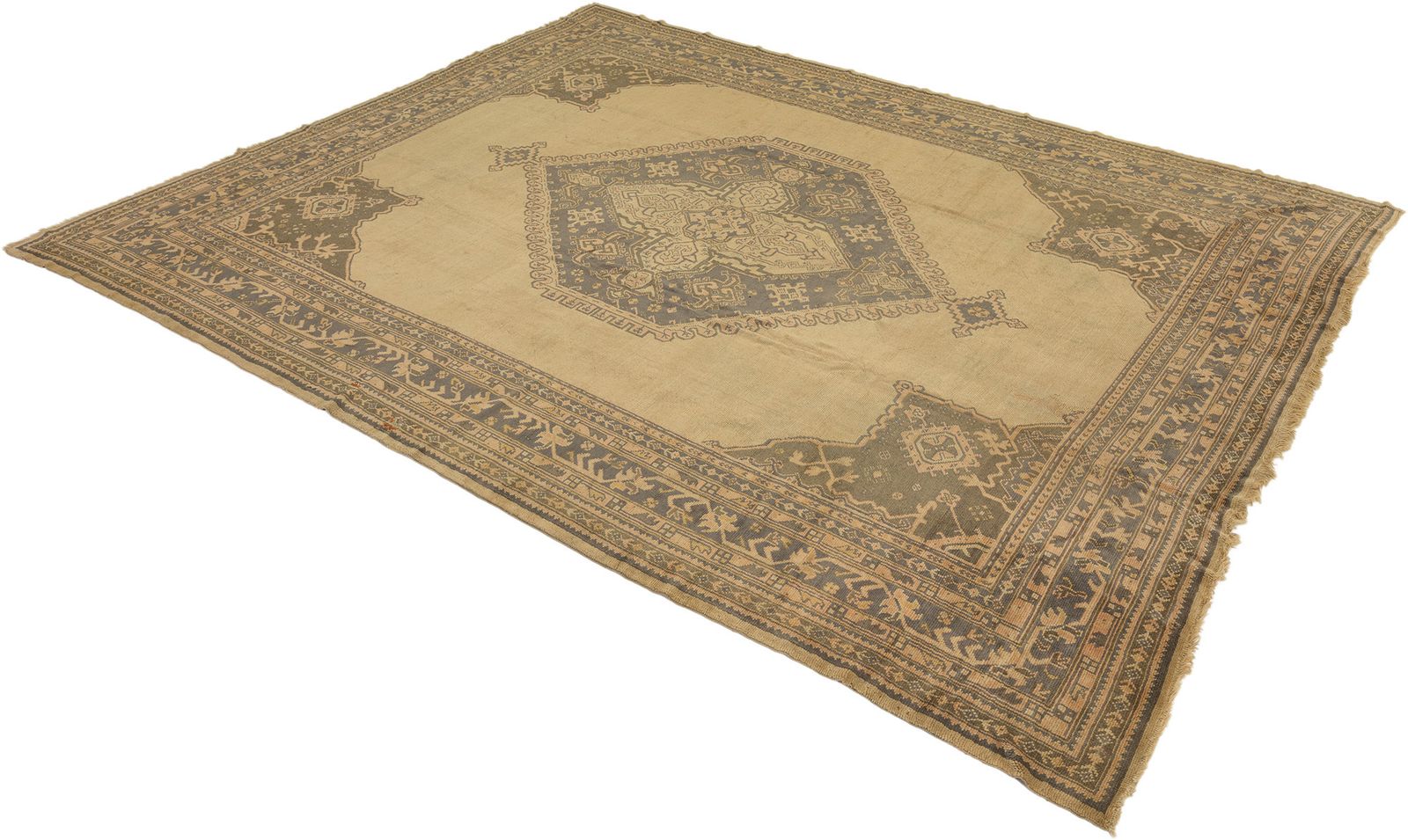 Antiek Turks Oushak tapijt, beige, 447 × 373 cm, ca. jaren 1920 photo for sale