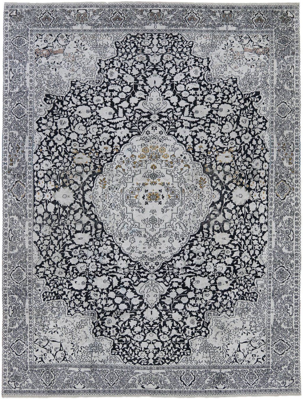 Vintage Indiaas Kashmir zijden tapijt, grijs, 327 × 243 cm