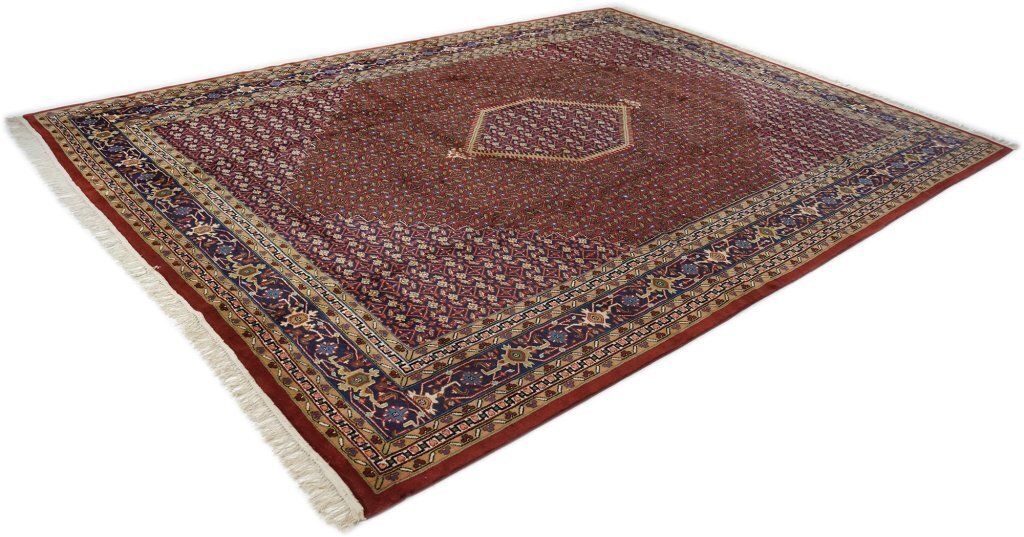 Vintage Indiaas handgeknoopt tapijt, rood, 398 × 301 cm, ca. jaren 1970 photo for sale