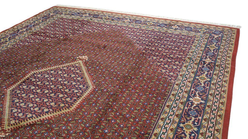 Vintage Indiaas handgeknoopt tapijt, rood, 398 × 301 cm, ca. jaren 1970 photo Textiel