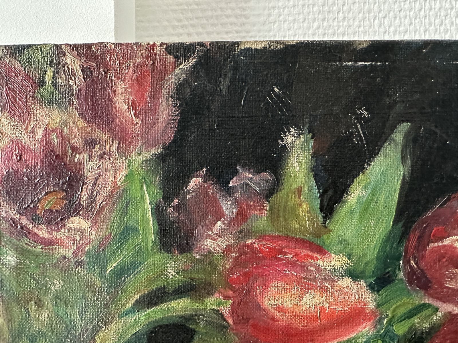 photo furniture Bouquet de tulipes, huile sur toile, années 1940, nature morte florale vintage, œuvre française