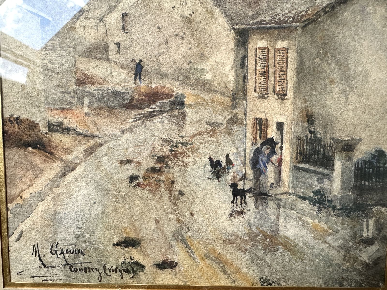Antieke aquarel van een Frans dorp, jaren 1910, gesigneerd, steegscène photo vintage
