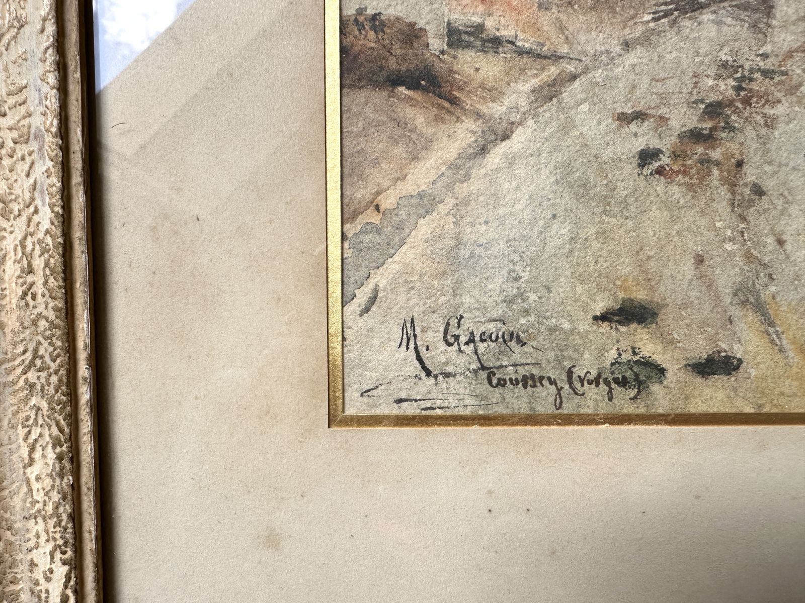 photo furniture Antieke aquarel van een Frans dorp, jaren 1910, gesigneerd, steegscène