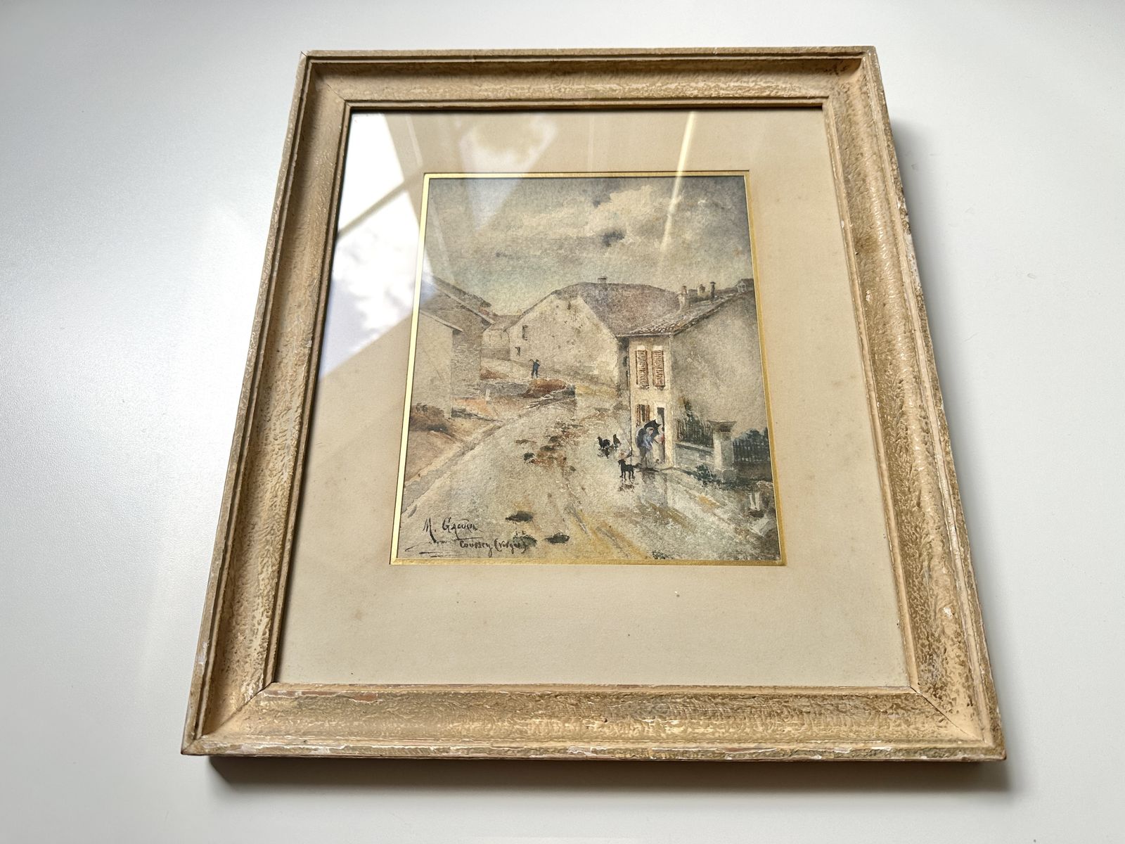 photo vinterior Antieke aquarel van een Frans dorp, jaren 1910, gesigneerd, steegscène