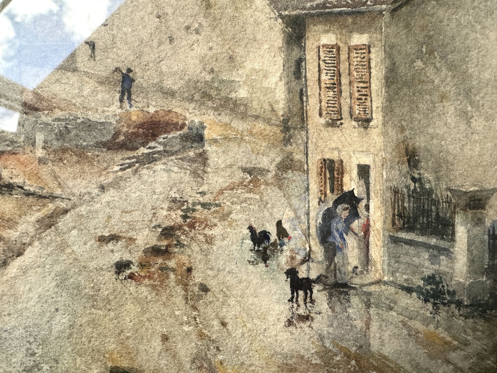 photo buy Antieke aquarel van een Frans dorp, jaren 1910, gesigneerd, steegscène