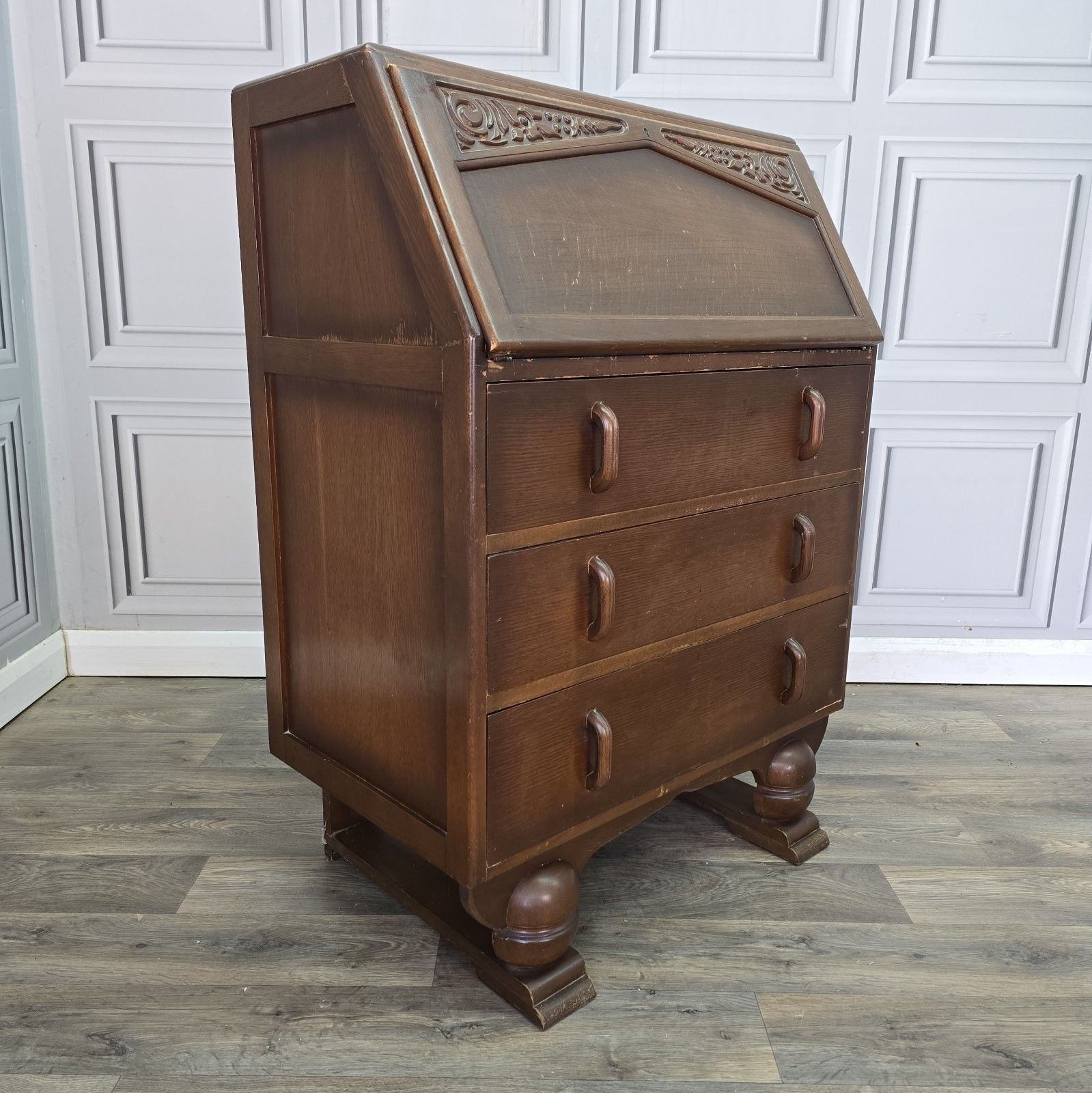 Vintage Jentique Writing Bureau Oak 3 Drawer Chest Fall Front Desk Retro Wood