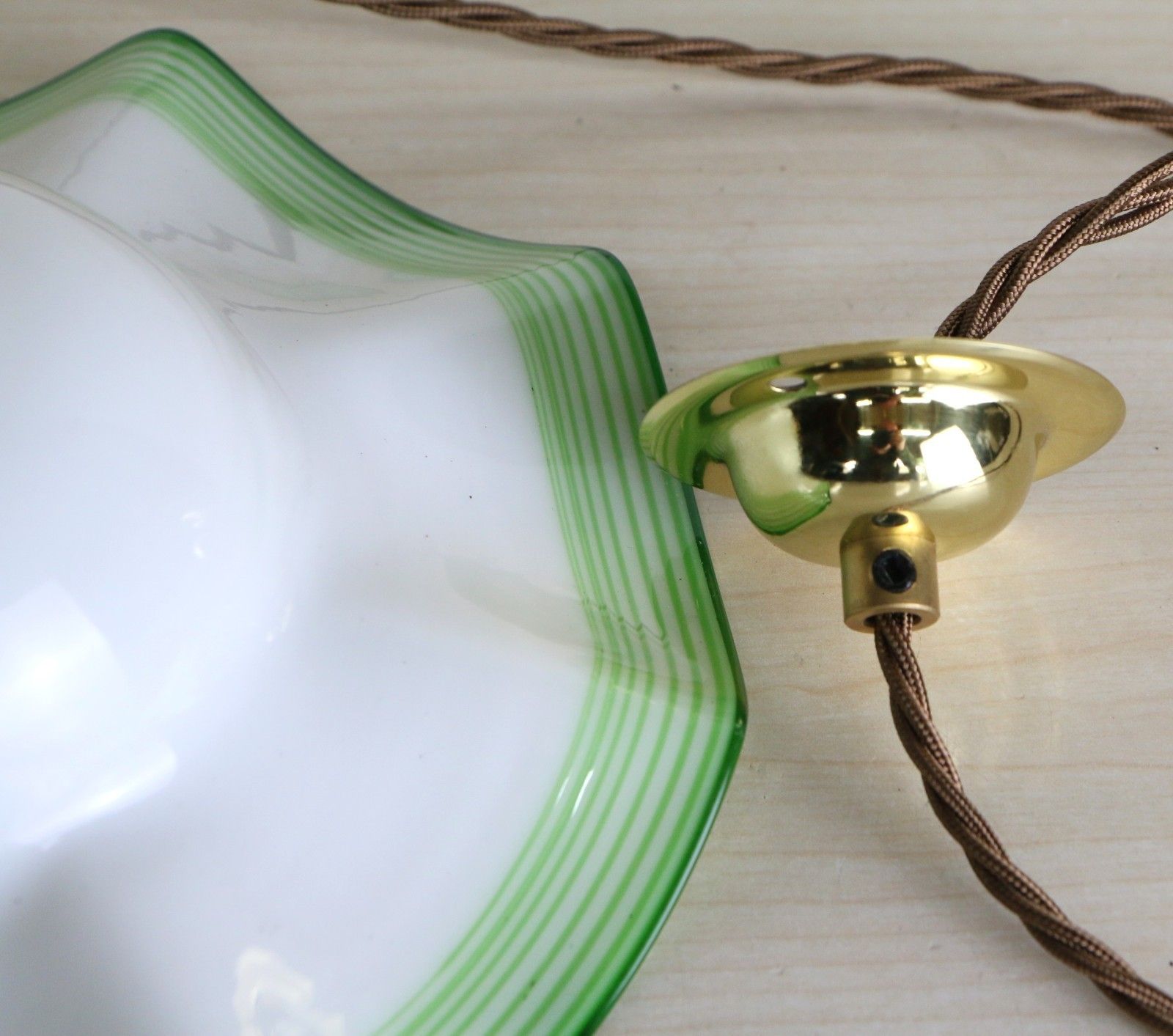 Vintage Ceiling Light Small Edwardian Milk Glass Pendant Lined Lime Green Rim photo vintage
