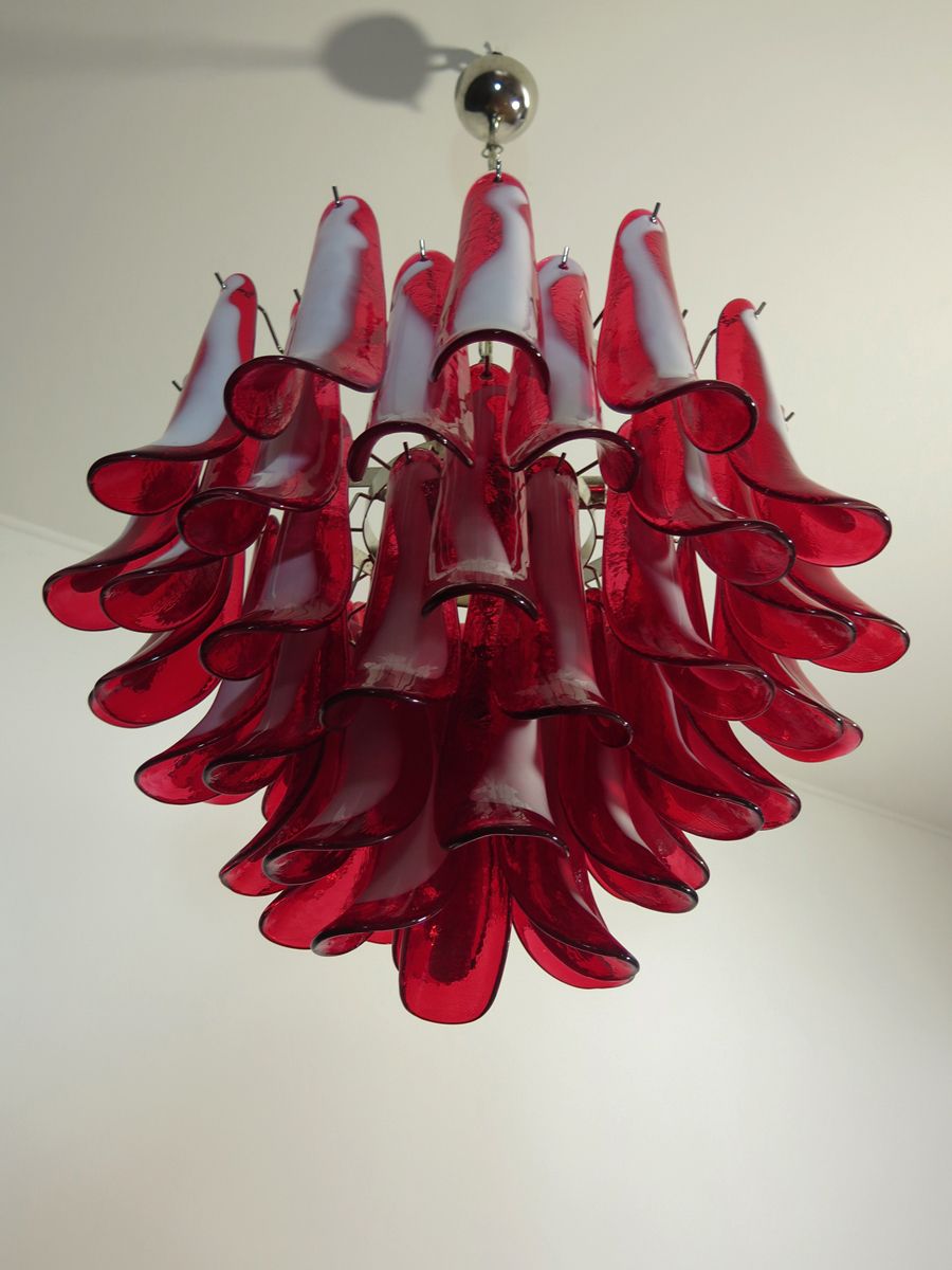 photo for sale Italian Vintage Murano Chandelier   Mazzega   53 Red Lattimo Glass Petals