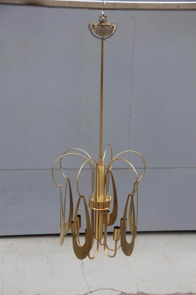 Brass Chandelier Round Brass Gold Italian Design Sculptural Minimal, 1970 photo buy