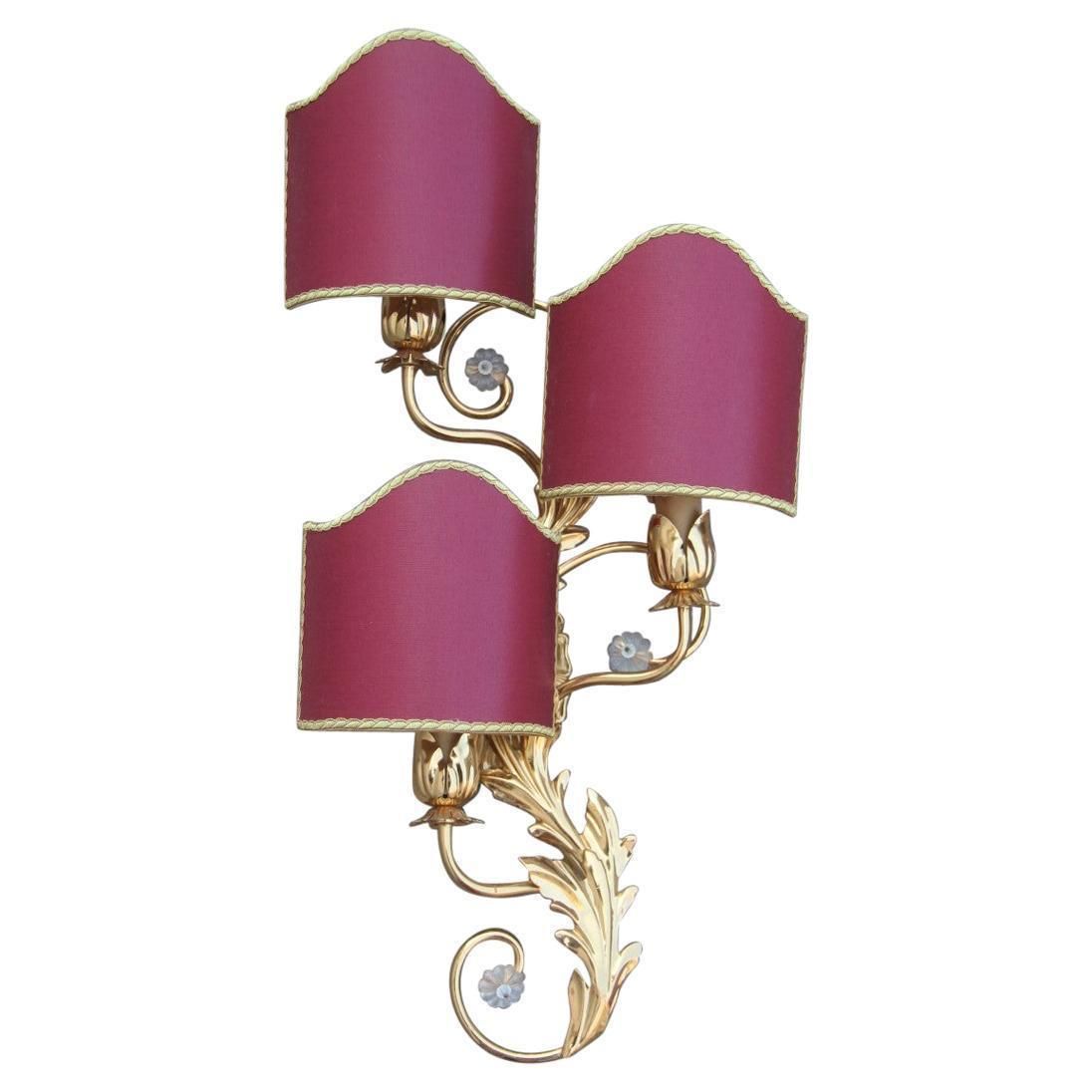 Sconce In Golden Brass With Flower Leaves And Gold And Bordeaux Crystals, 1970