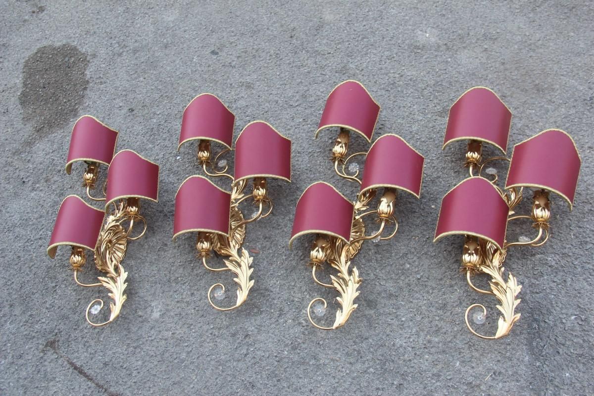 Sconce In Golden Brass With Flower Leaves And Gold And Bordeaux Crystals, 1970 photo 780.0